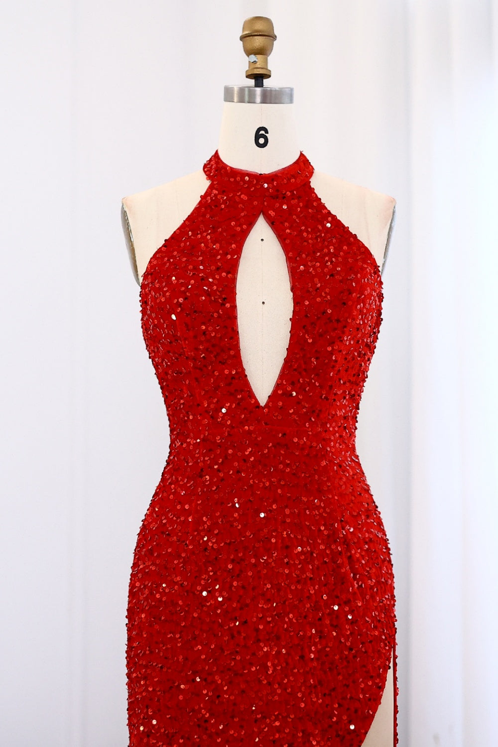Elegant Red Sequined Halter Mermaid Gown Prom Dress SH007 Sheer Fairy