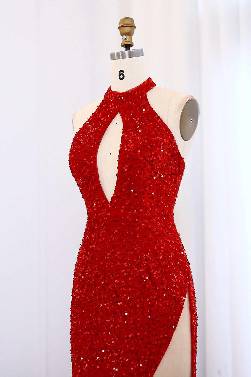 Elegant Red Sequined Halter Mermaid Gown Prom Dress SH007 Sheer Fairy