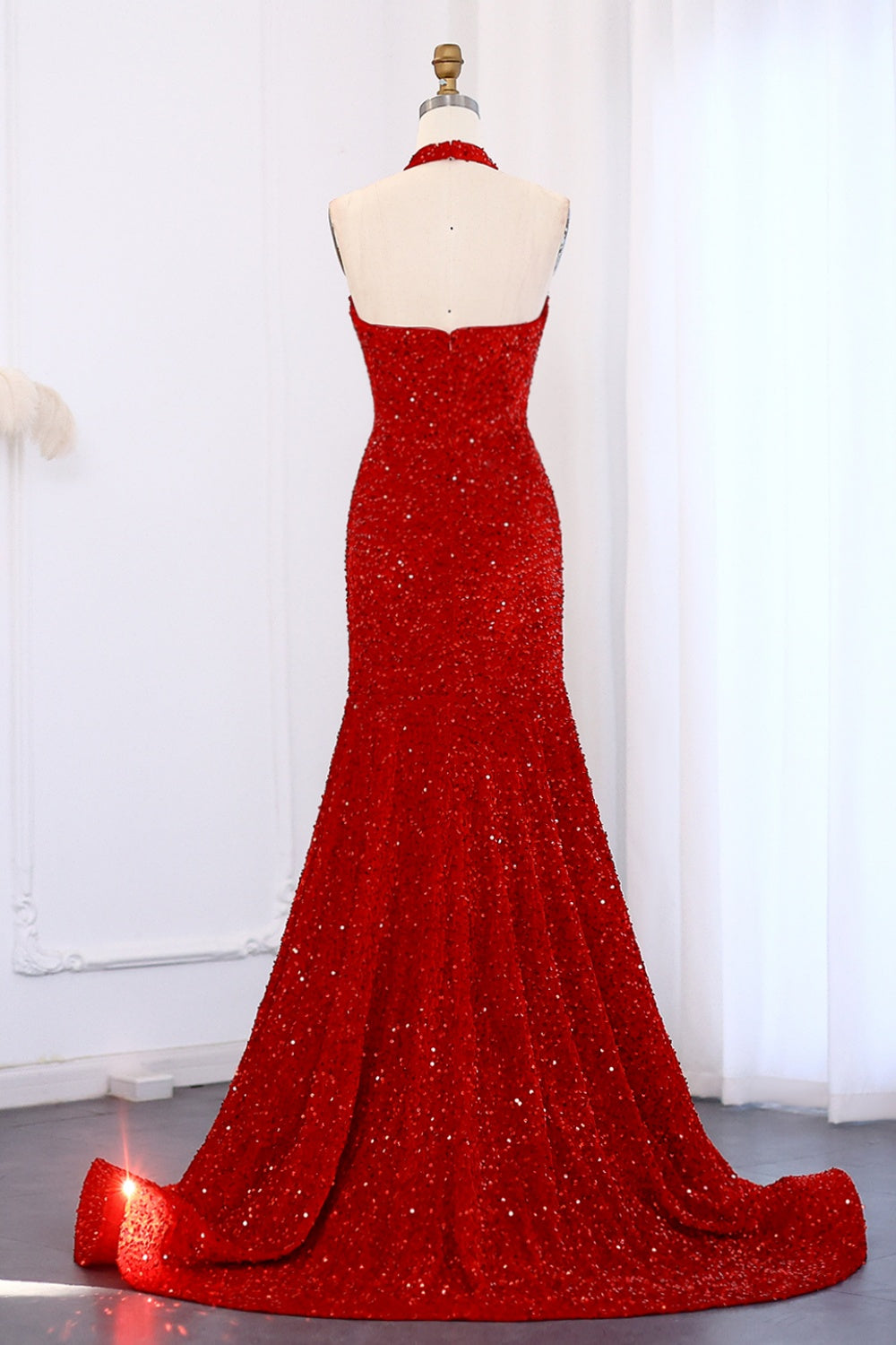 Elegant Red Sequined Halter Mermaid Gown Prom Dress SH007 Sheer Fairy