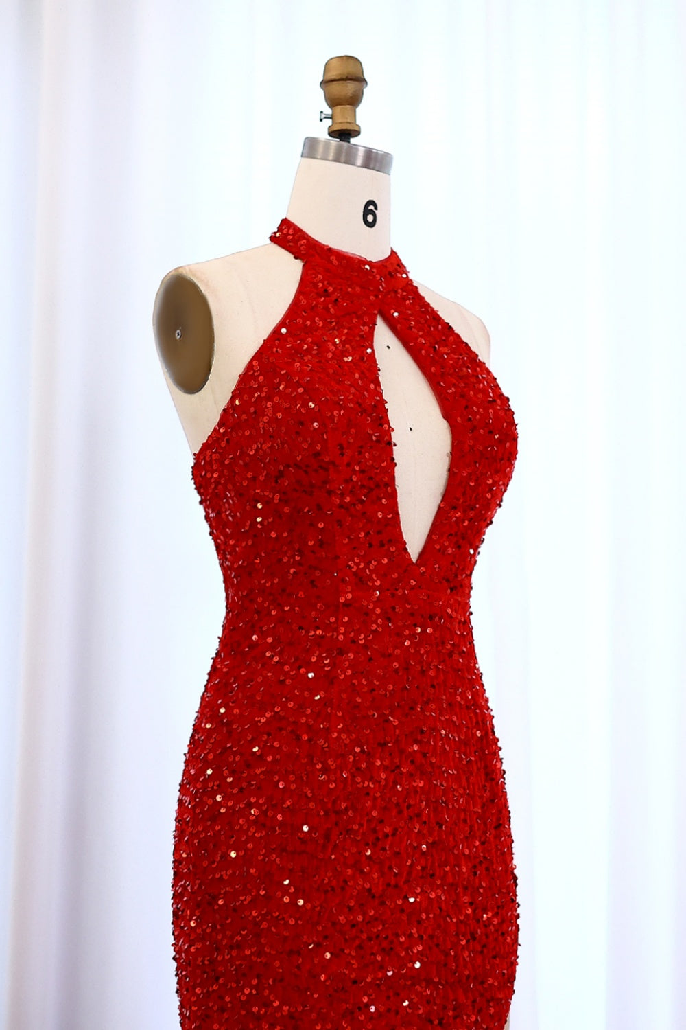 Elegant Red Sequined Halter Mermaid Gown Prom Dress SH007 Sheer Fairy