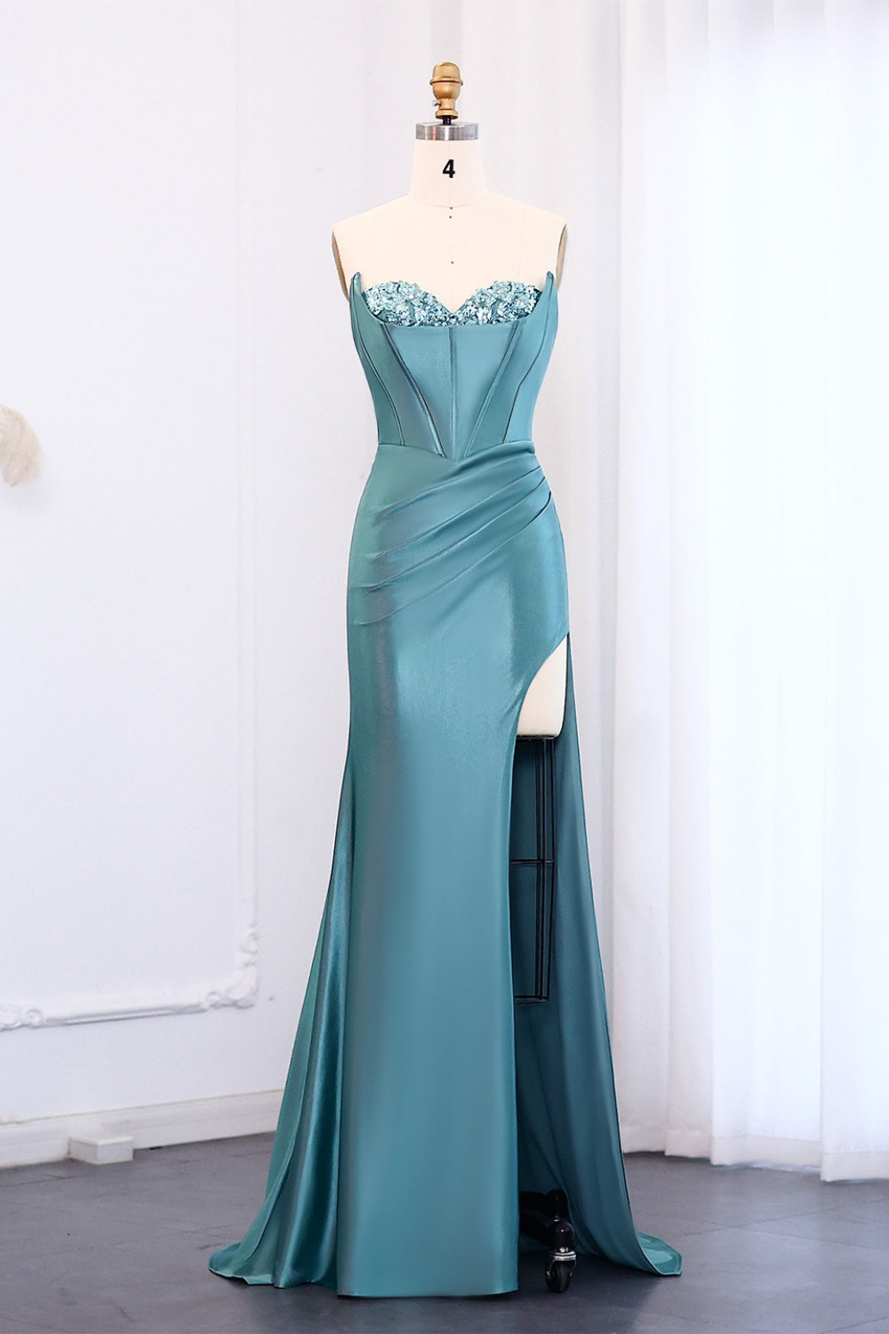 Teal Satin Sequined Sweetheart Neckline High Slit Mermaid Prom Dress SH015 Sheer Fairy