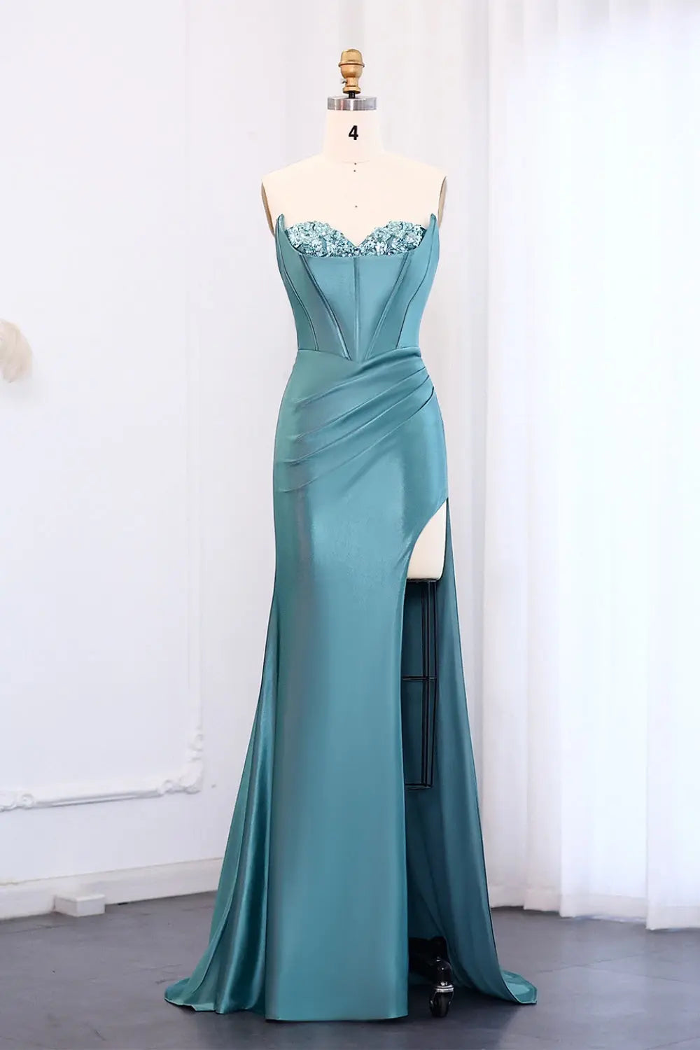 Teal Satin Sequined Sweetheart Neckline High Slit Mermaid Prom Dress SH015 Sheer Fairy
