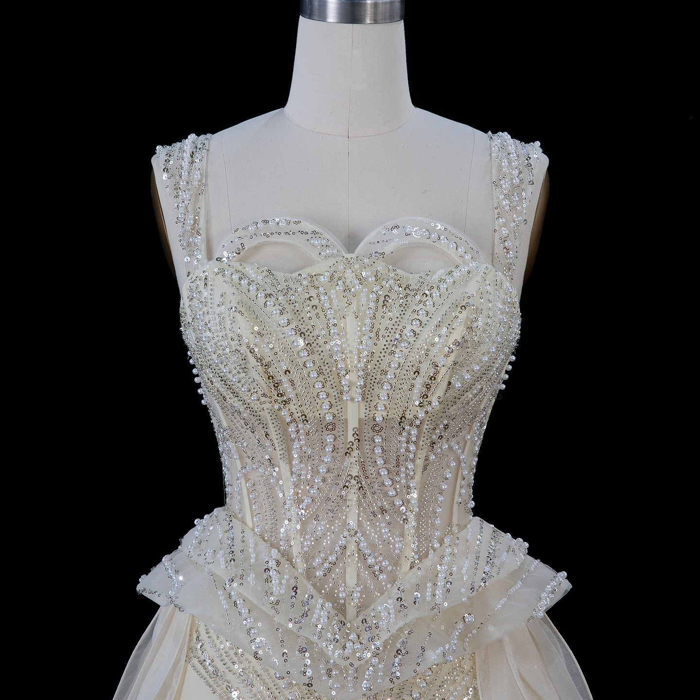 Sparkling Sequin Beaded Evening Dress with Cascading Layered Tiered Ruffle Train SS236 Sheer Fairy