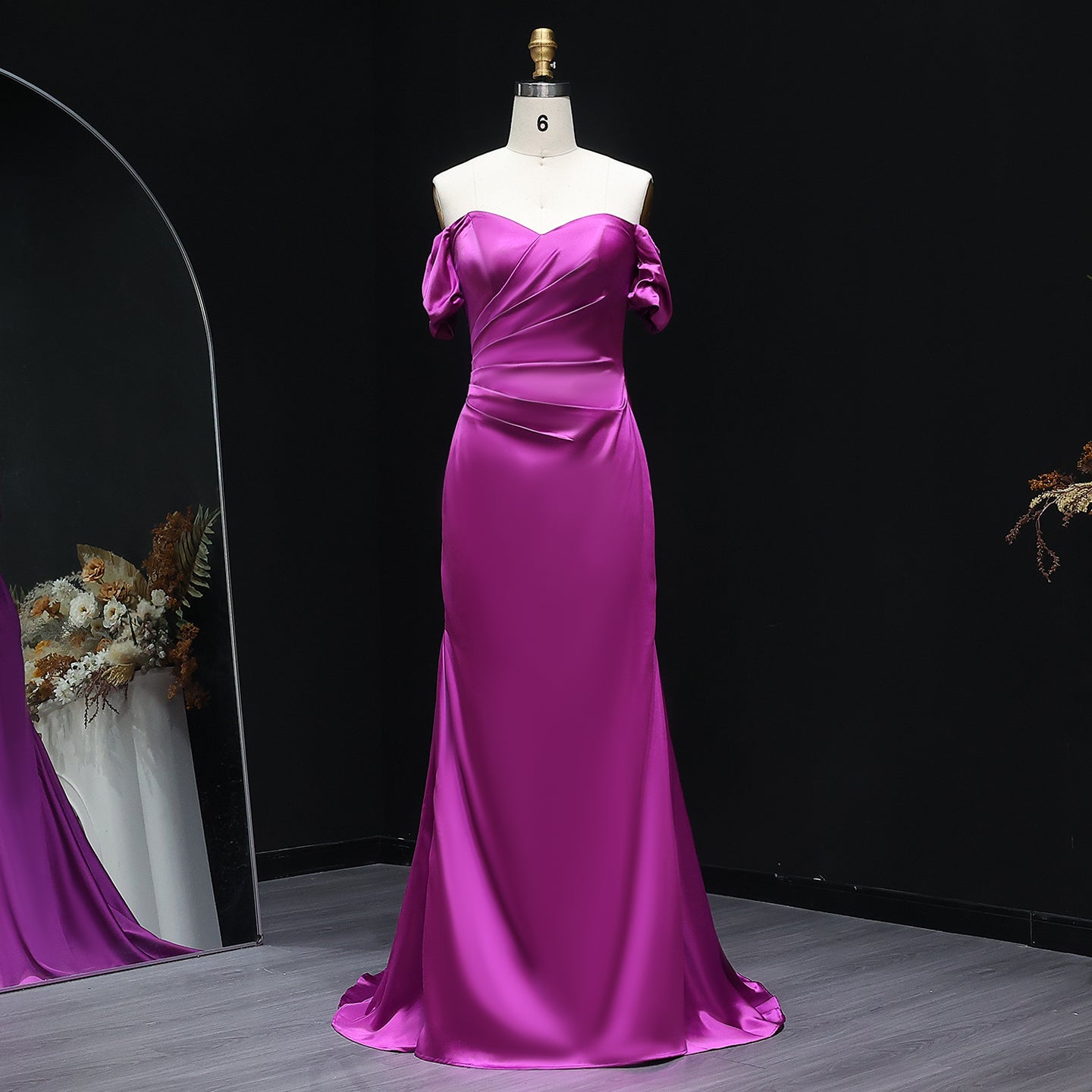 Metallic Fuchsia Off-Shoulder Satin Mermaid Bridesmaid Dress BS029