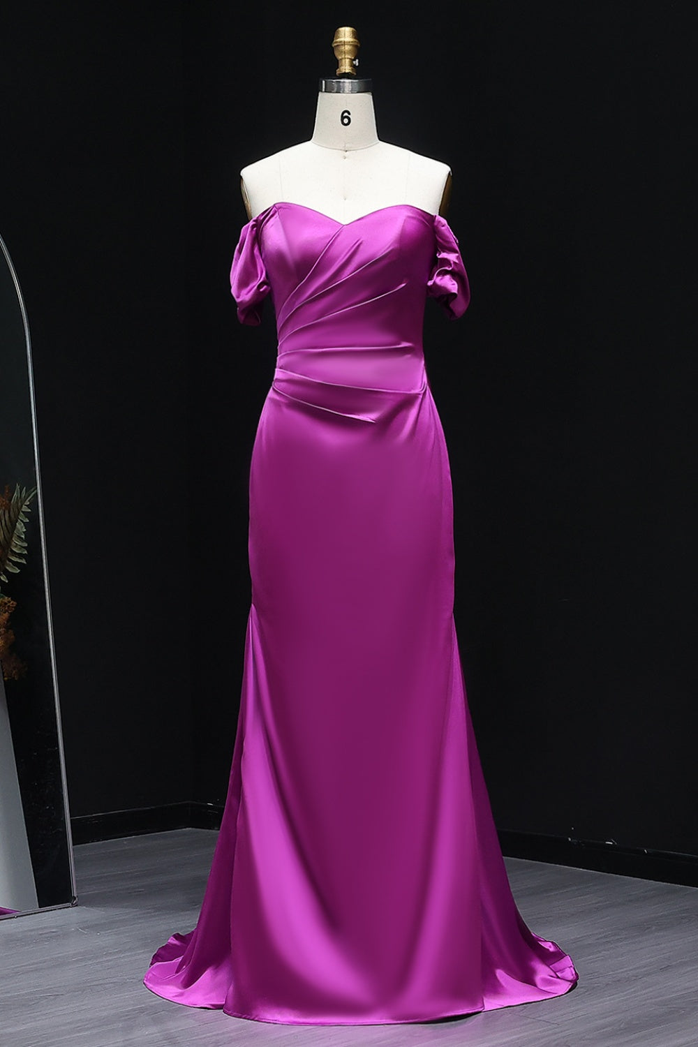 Metallic Fuchsia Off-Shoulder Satin Mermaid Bridesmaid Dress BS029