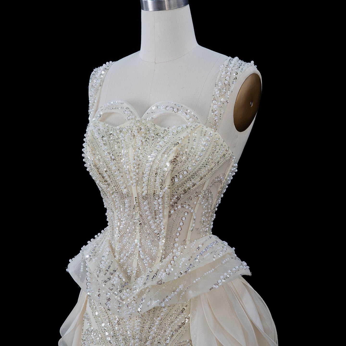 Sparkling Sequin Beaded Evening Dress with Cascading Layered Tiered Ruffle Train SS236 Sheer Fairy
