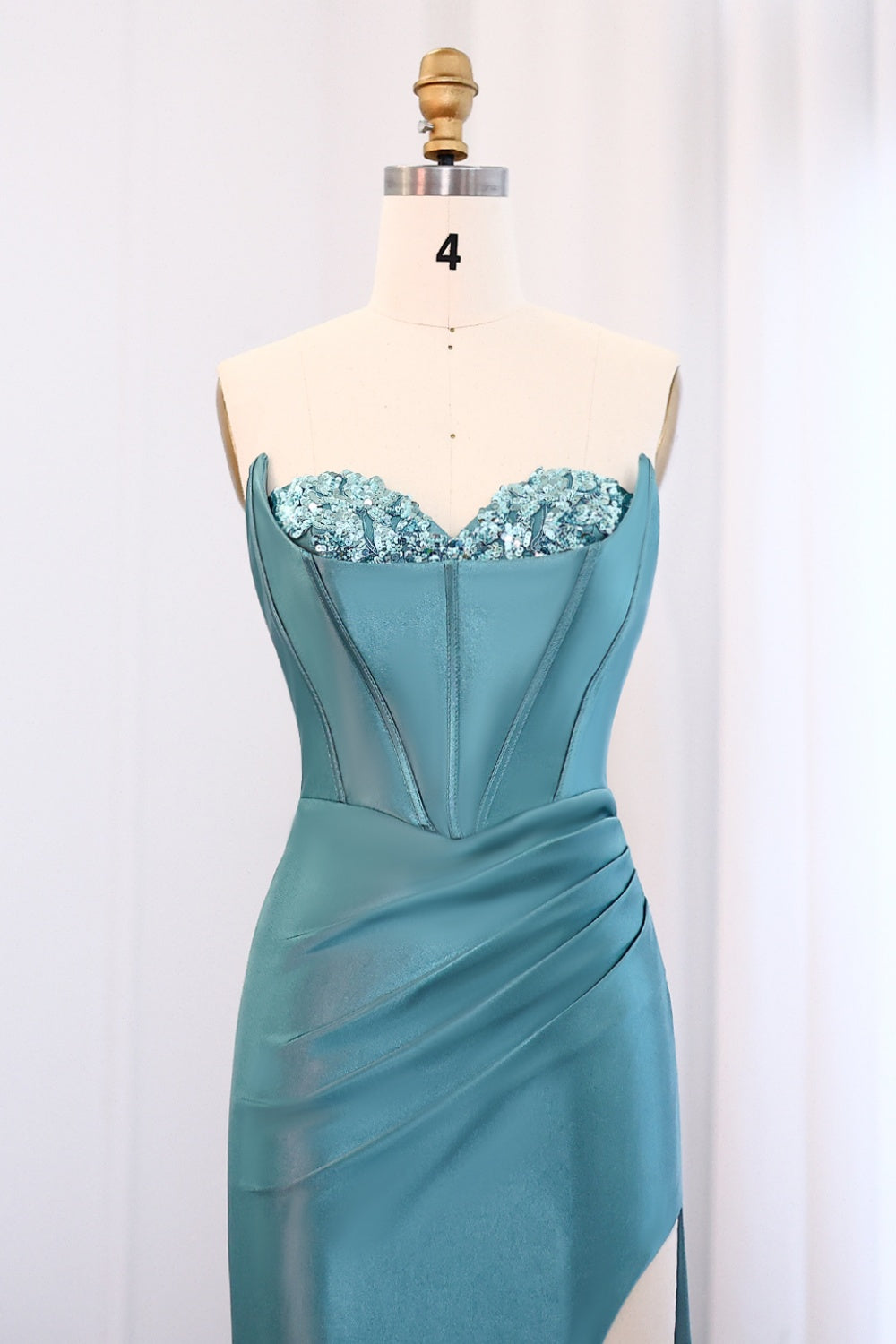 Teal Satin Sequined Sweetheart Neckline High Slit Mermaid Prom Dress SH015 Sheer Fairy