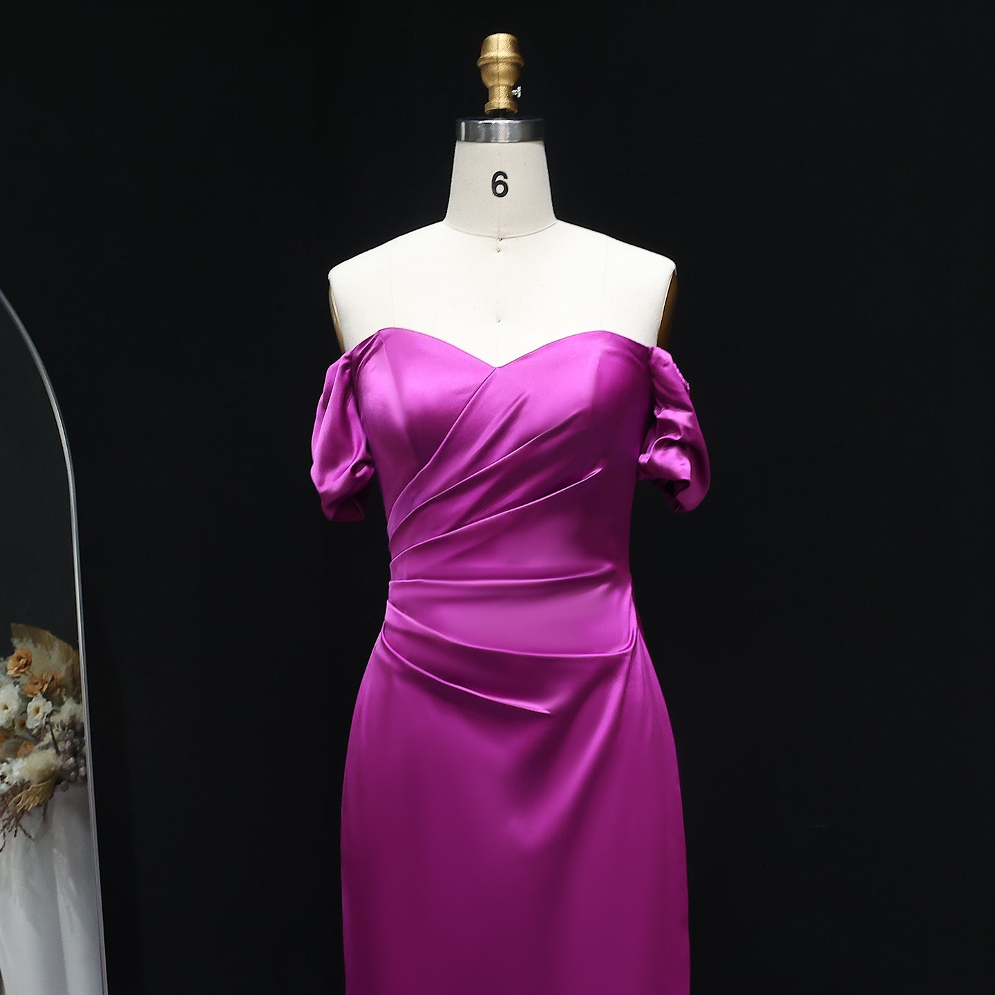 Metallic Fuchsia Off-Shoulder Satin Mermaid Bridesmaid Dress BS029