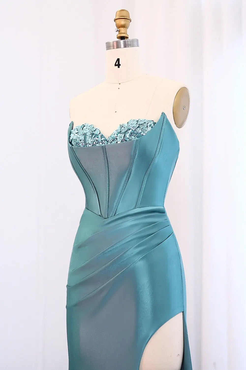 Teal Satin Sequined Sweetheart Neckline High Slit Mermaid Prom Dress SH015 Sheer Fairy