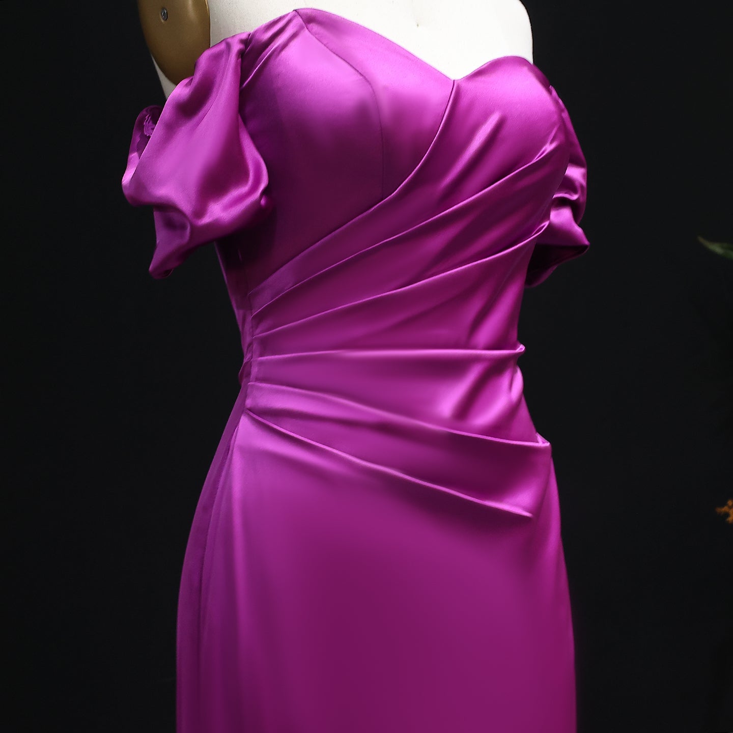 Metallic Fuchsia Off-Shoulder Satin Mermaid Bridesmaid Dress BS029