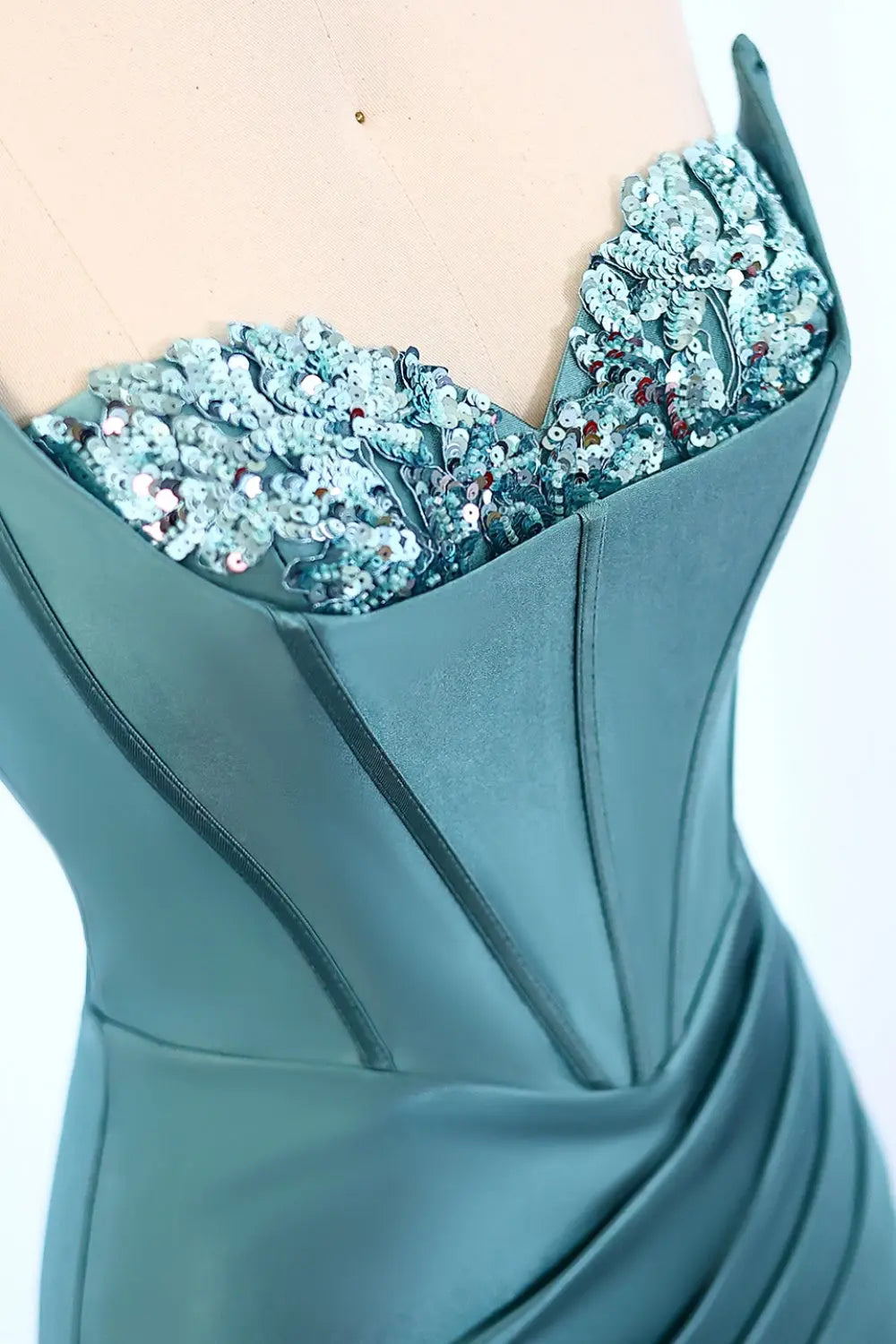 Teal Satin Sequined Sweetheart Neckline High Slit Mermaid Prom Dress SH015 Sheer Fairy