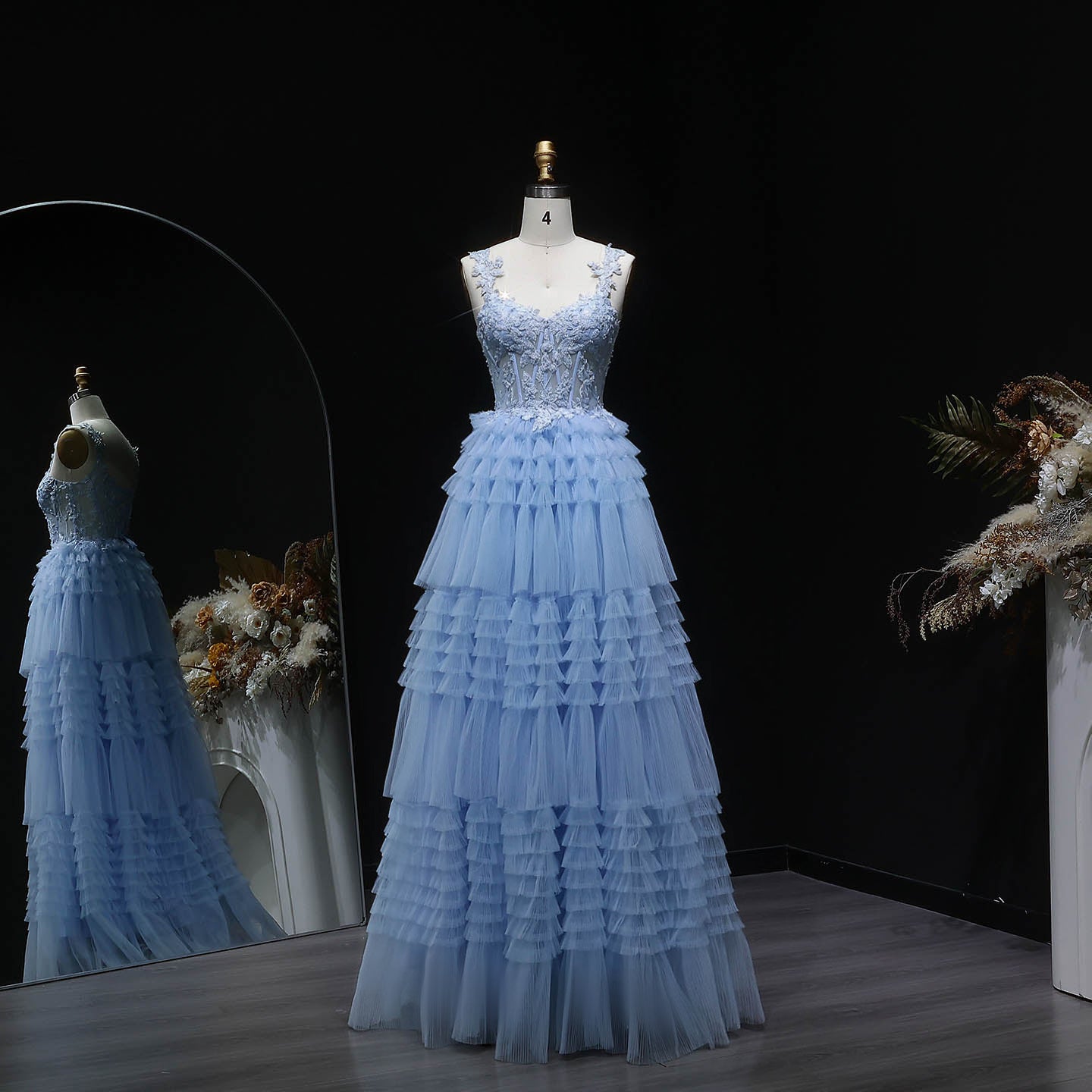 Blue Tiered Tulle Long Evening Dress SH359 Sheer Fairy