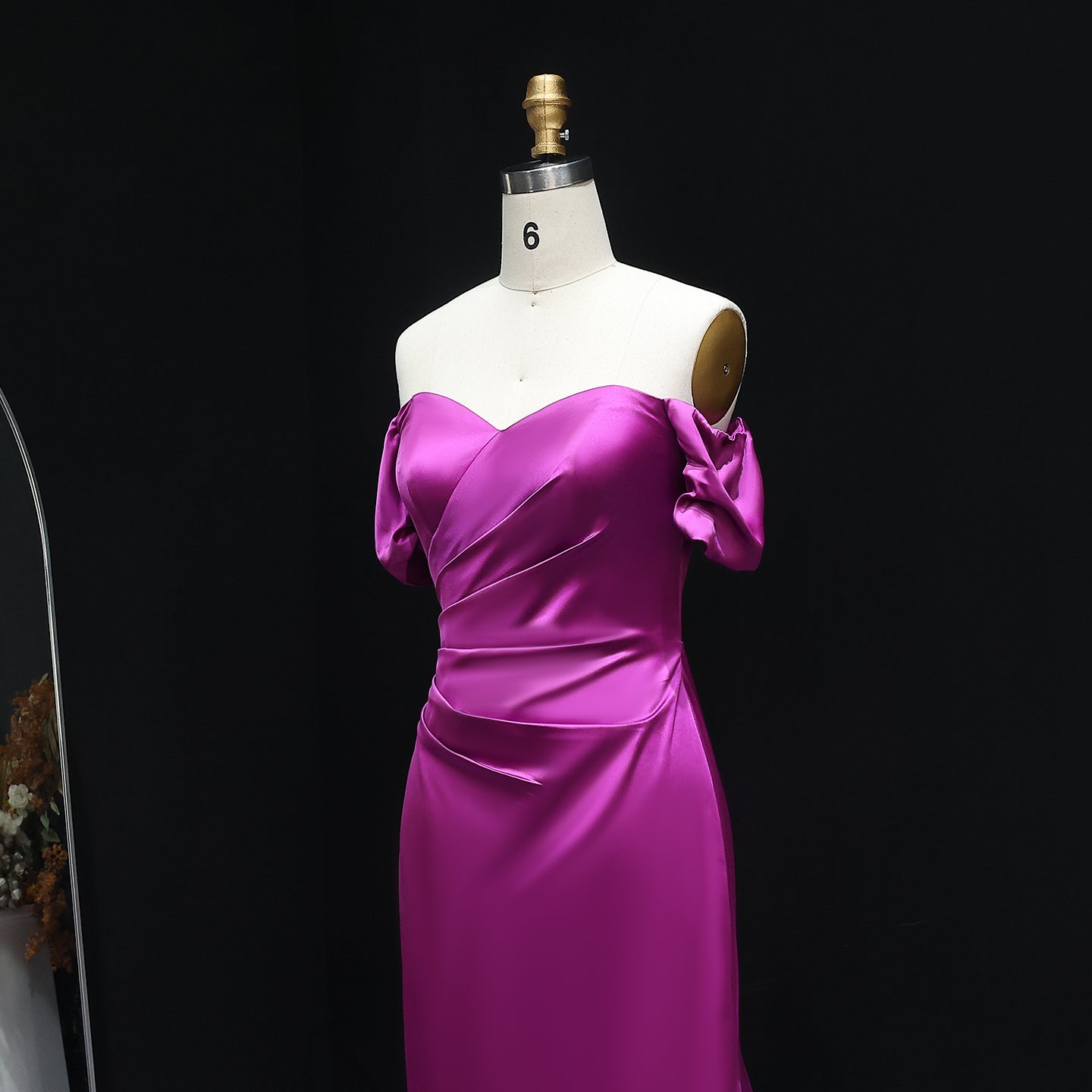 Metallic Fuchsia Off-Shoulder Satin Mermaid Bridesmaid Dress BS029