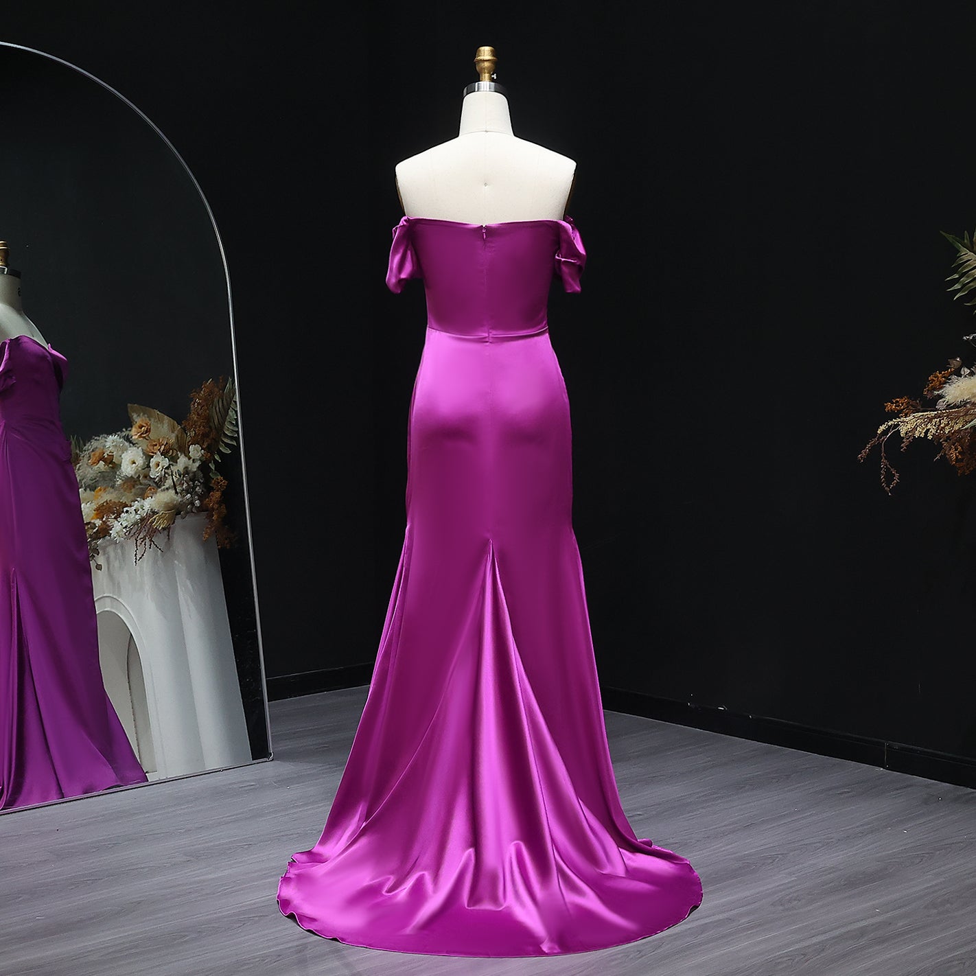 Metallic Fuchsia Off-Shoulder Satin Mermaid Bridesmaid Dress BS029