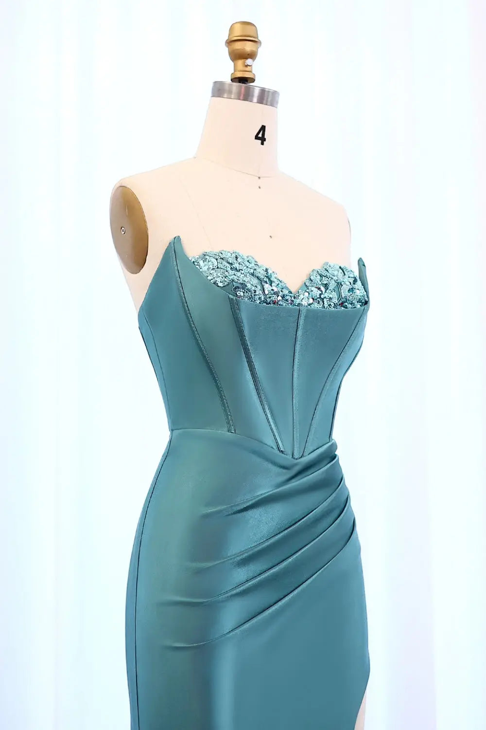 Teal Satin Sequined Sweetheart Neckline High Slit Mermaid Prom Dress SH015 Sheer Fairy