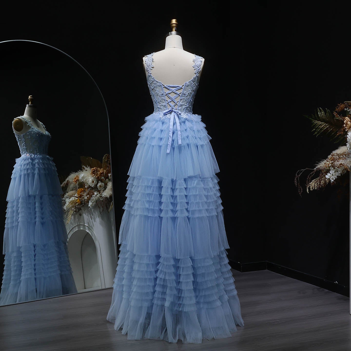 Blue Tiered Tulle Long Evening Dress SH359 Sheer Fairy