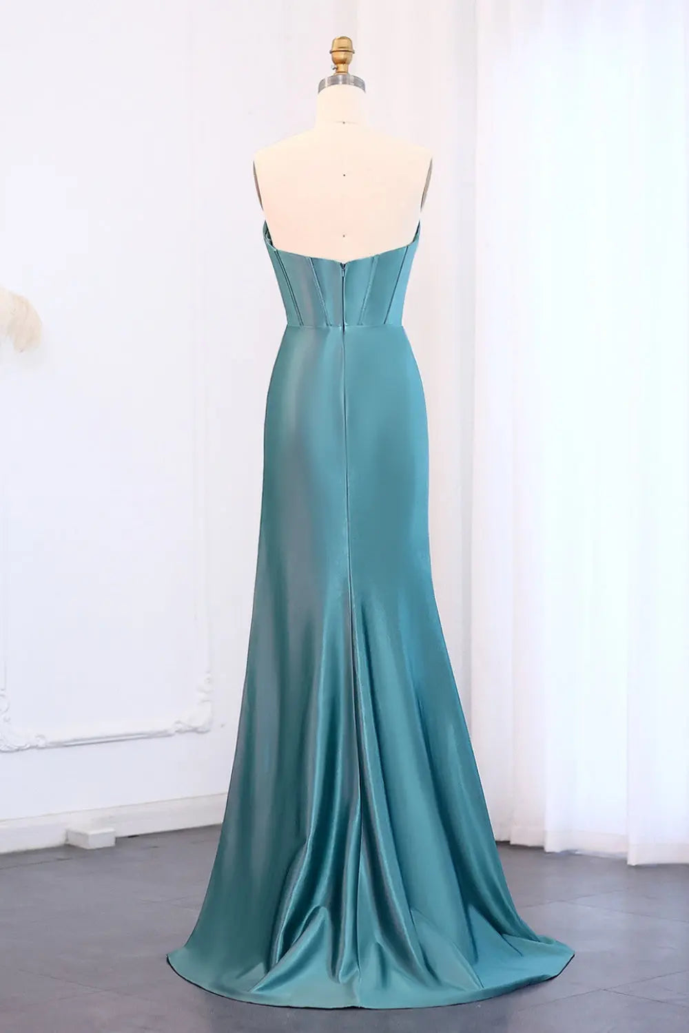 Teal Satin Sequined Sweetheart Neckline High Slit Mermaid Prom Dress SH015 Sheer Fairy