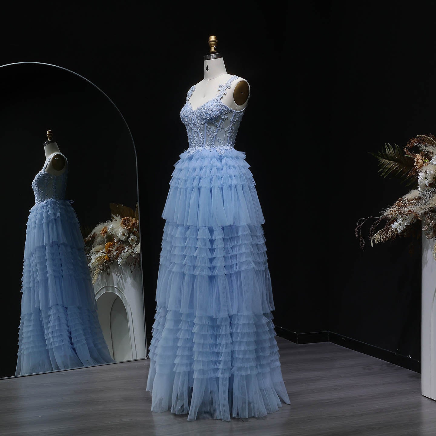 Blue Tiered Tulle Long Evening Dress SH359 Sheer Fairy