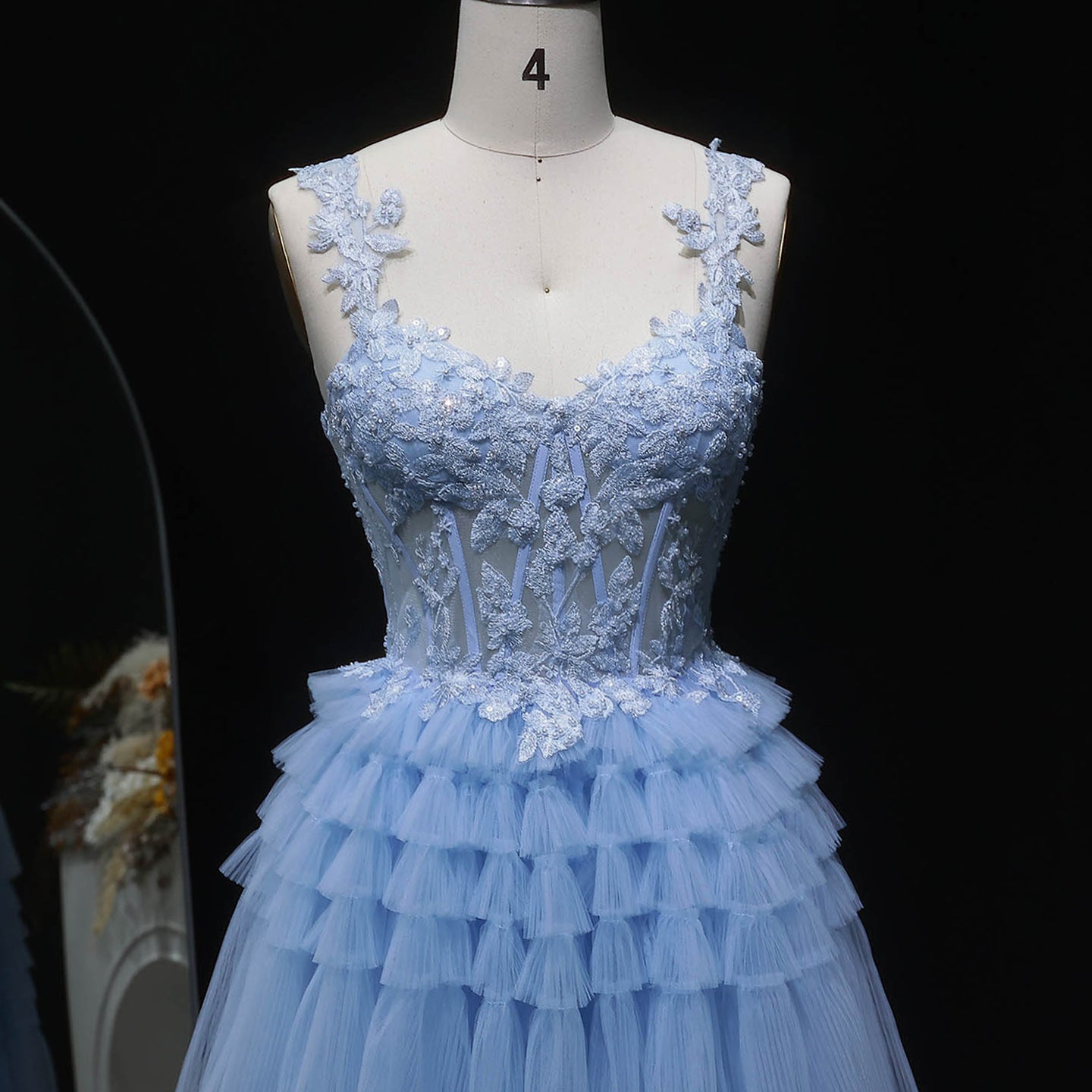Blue Tiered Tulle Long Evening Dress SH359 Sheer Fairy