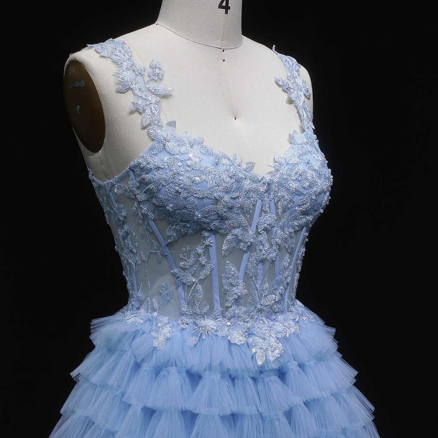 Blue Tiered Tulle Long Evening Dress SH359 Sheer Fairy