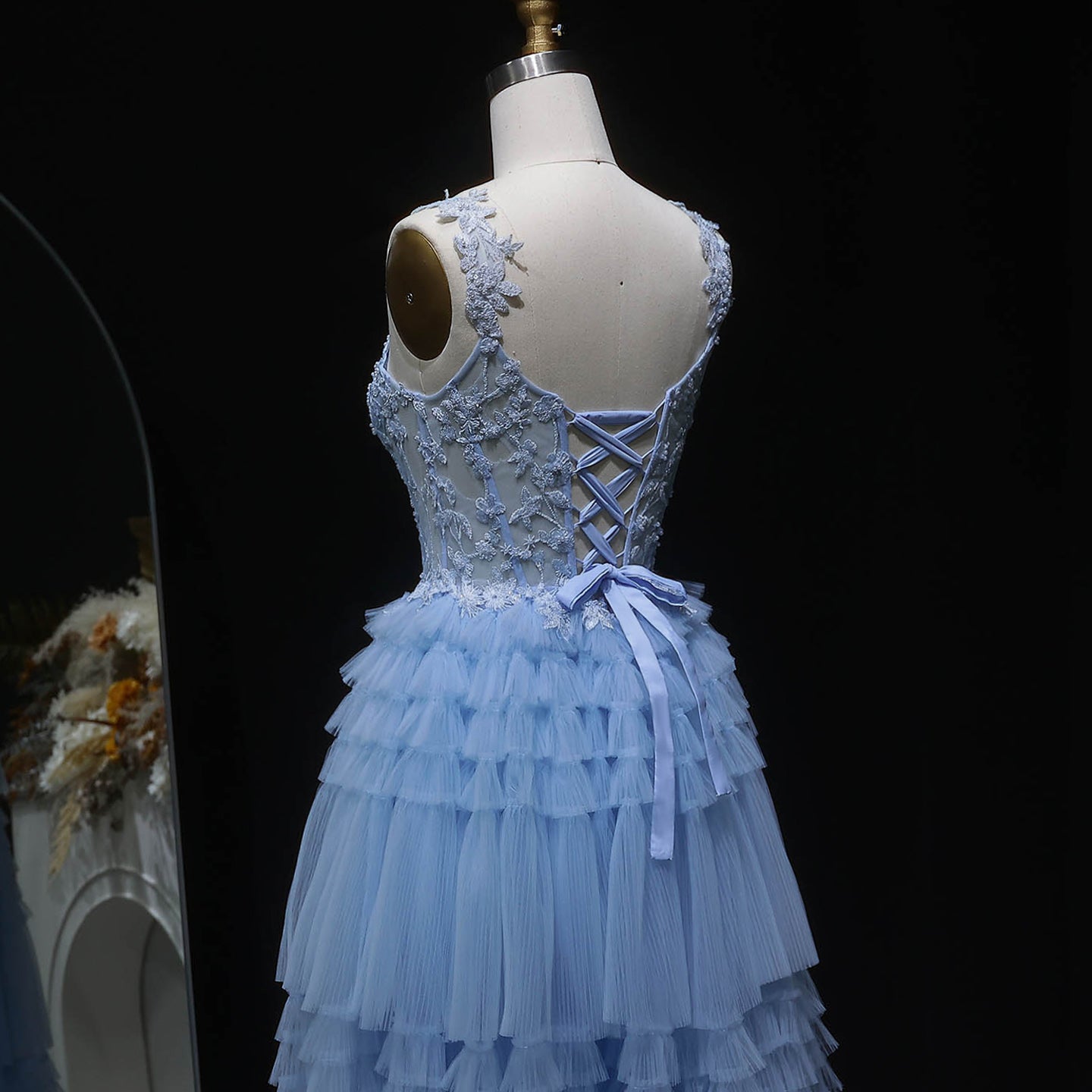 Blue Tiered Tulle Long Evening Dress SH359 Sheer Fairy
