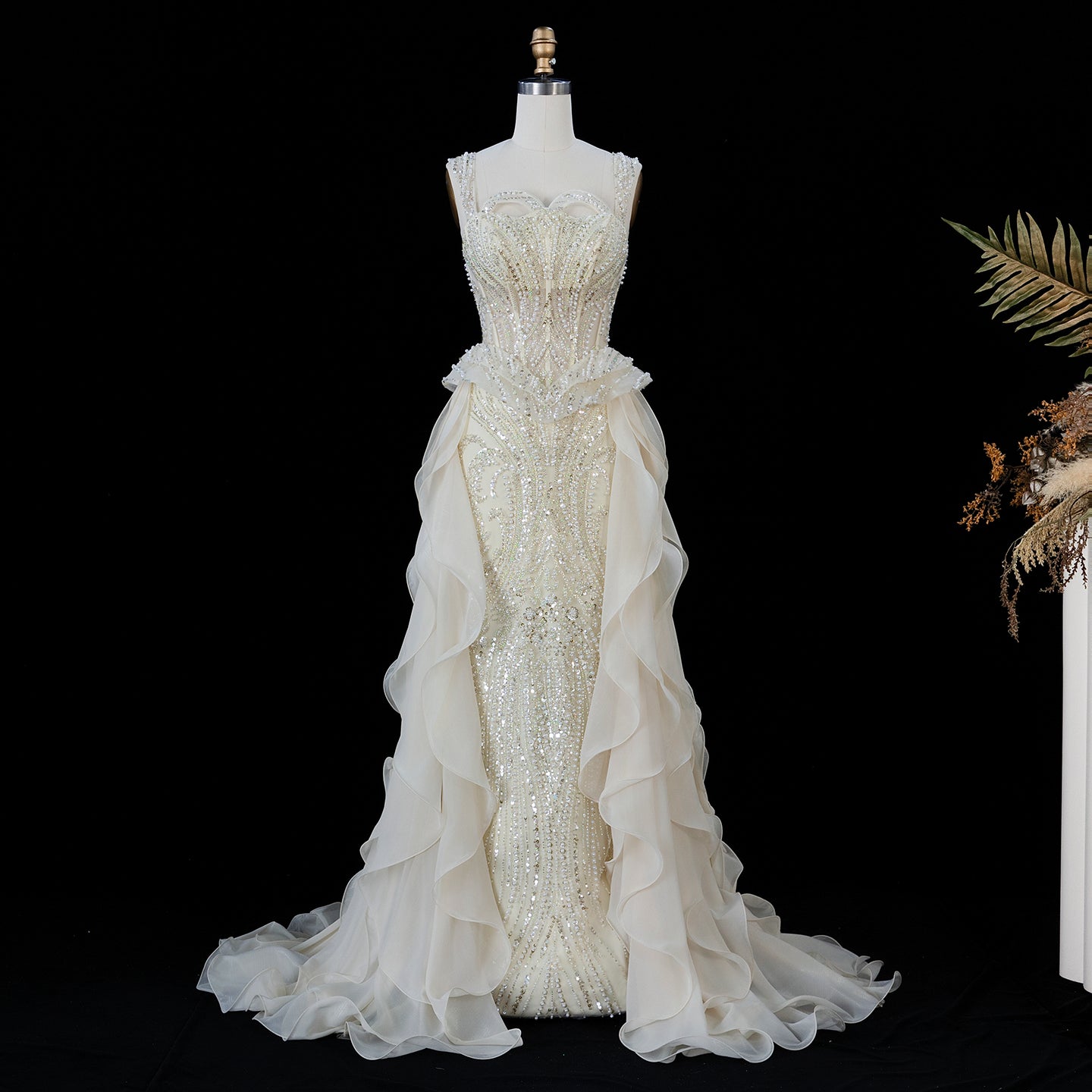 Sparkling Sequin Beaded Evening Dress with Cascading Layered Tiered Ruffle Train SS236 Sheer Fairy