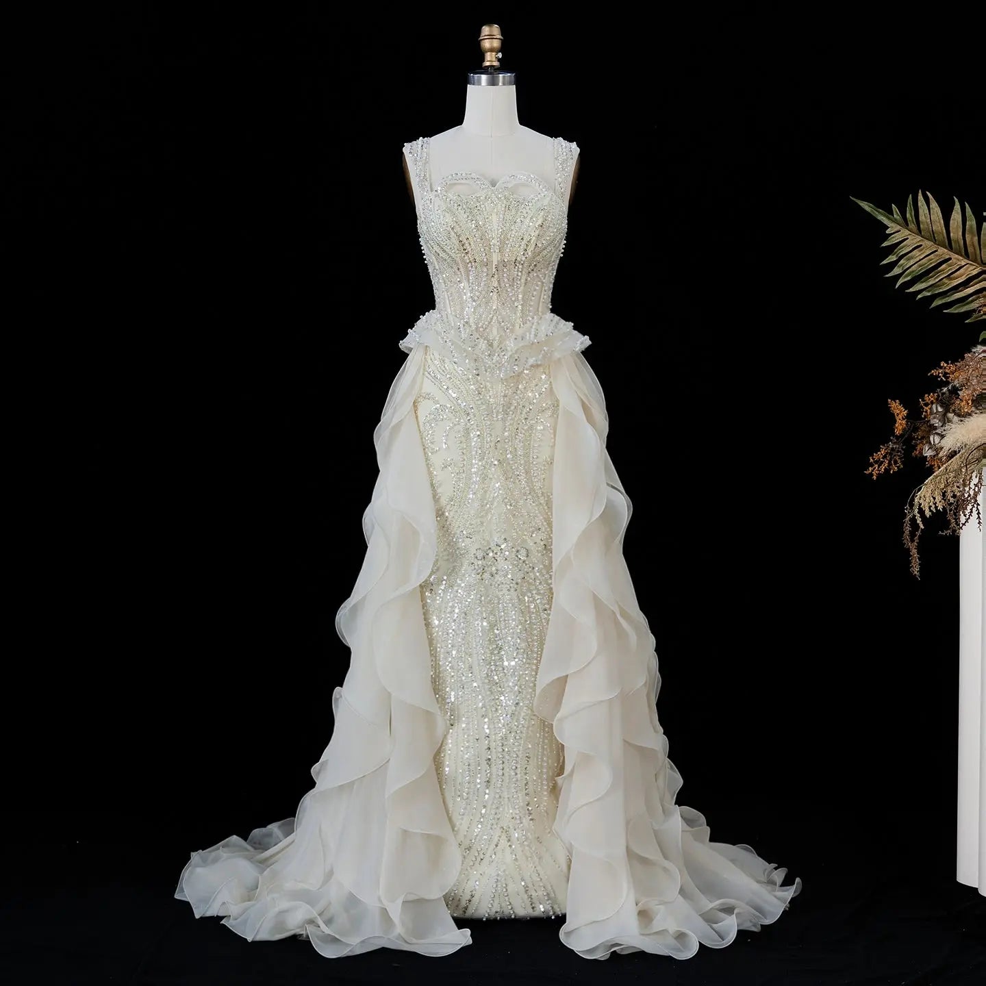 Sparkling Sequin Beaded Evening Dress with Cascading Layered Tiered Ruffle Train SS236 Sheer Fairy