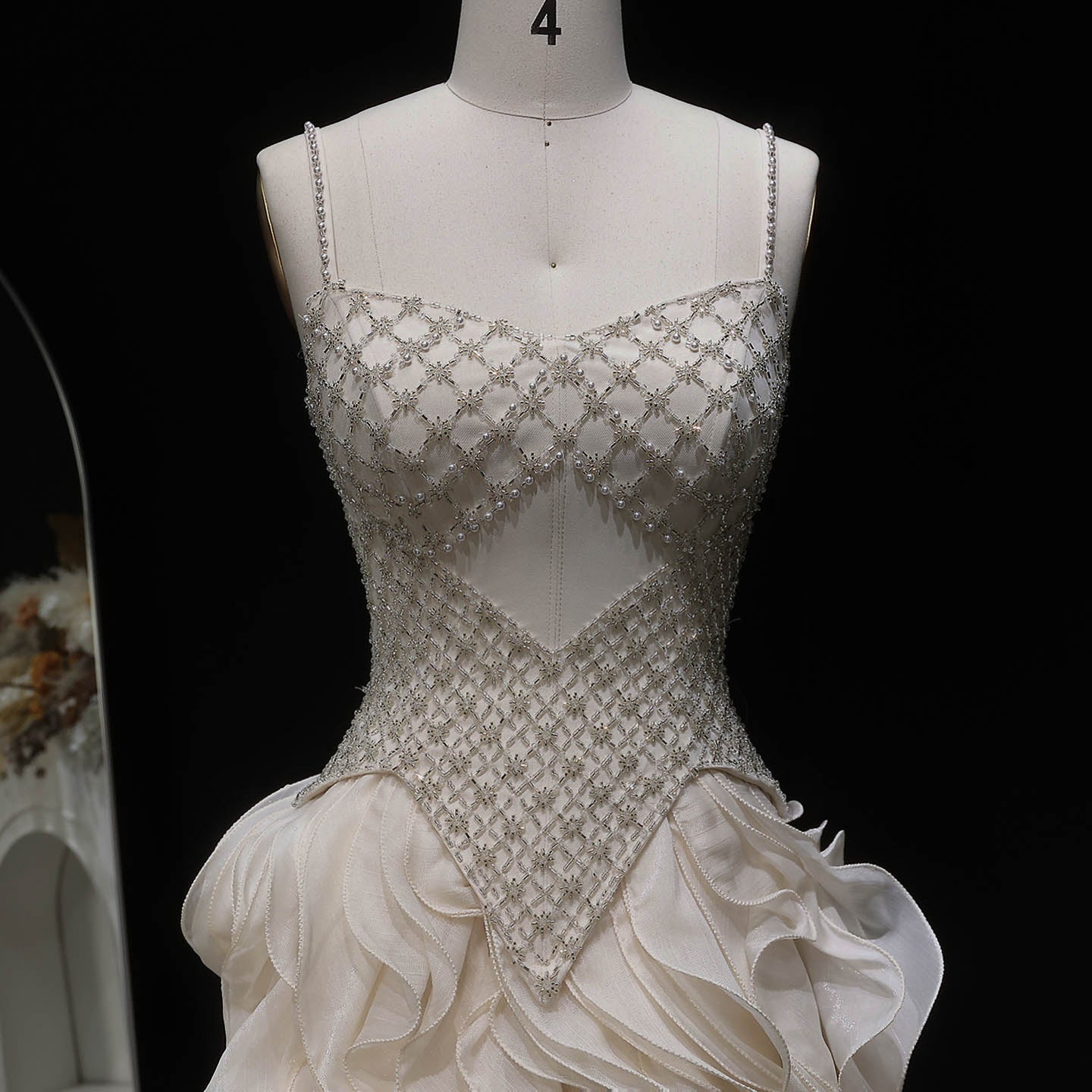 Beige Beaded Corset Evening Dress with Cascading Ruffle Skirt SS257 Sheer Fairy