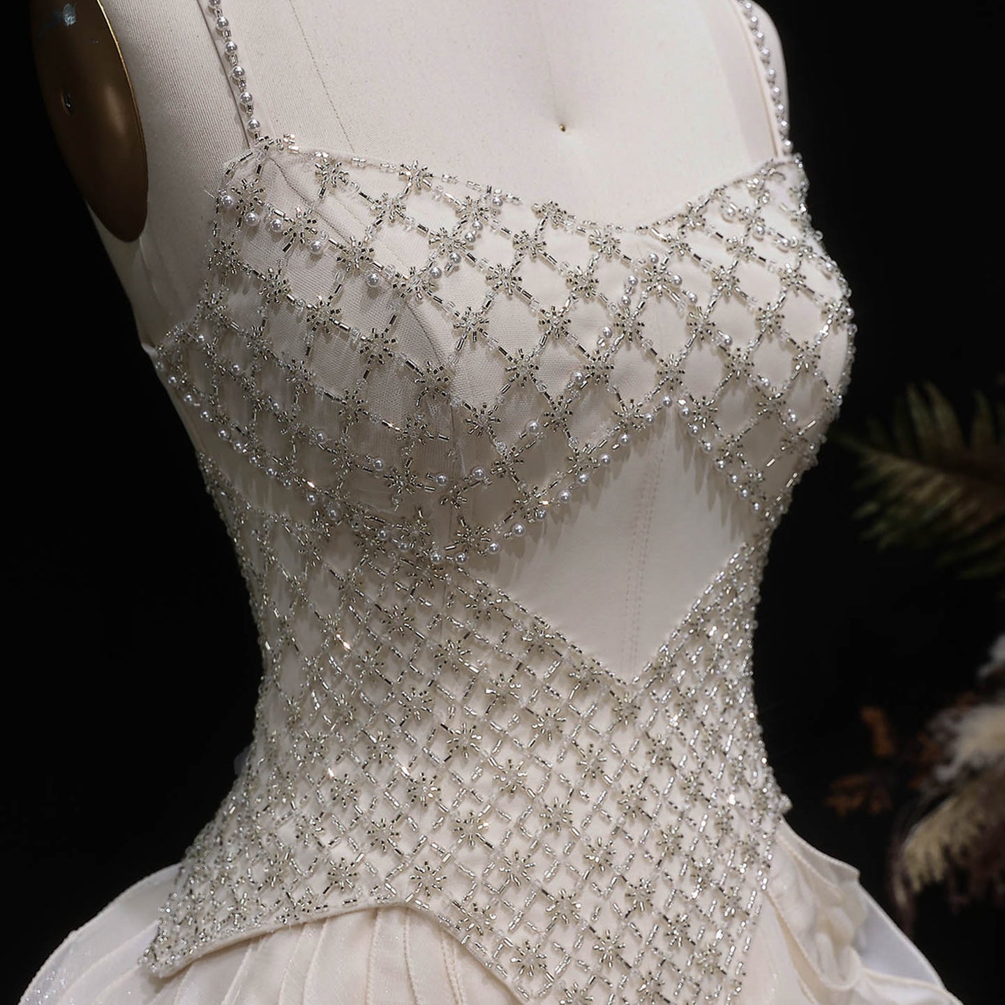 Beige Beaded Corset Evening Dress with Cascading Ruffle Skirt SS257 Sheer Fairy