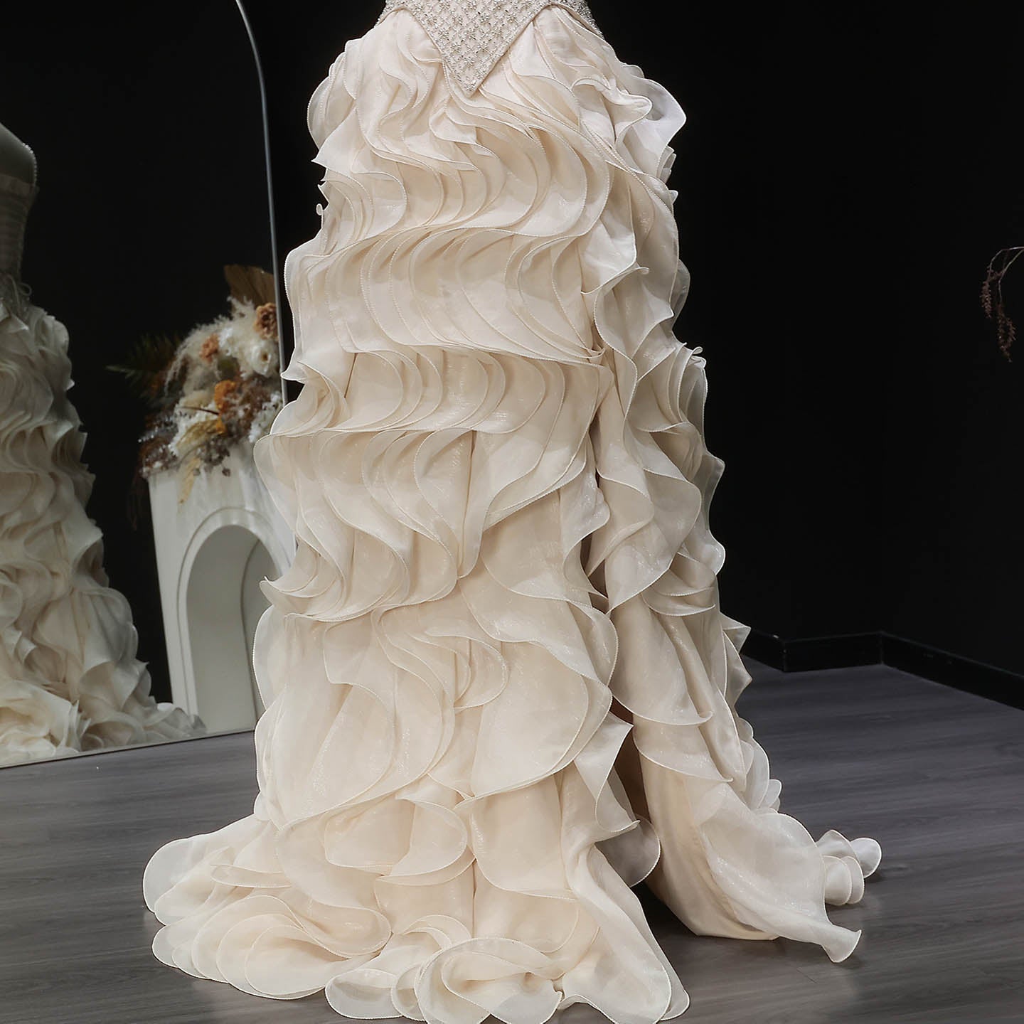 Beige Beaded Corset Evening Dress with Cascading Ruffle Skirt SS257 Sheer Fairy