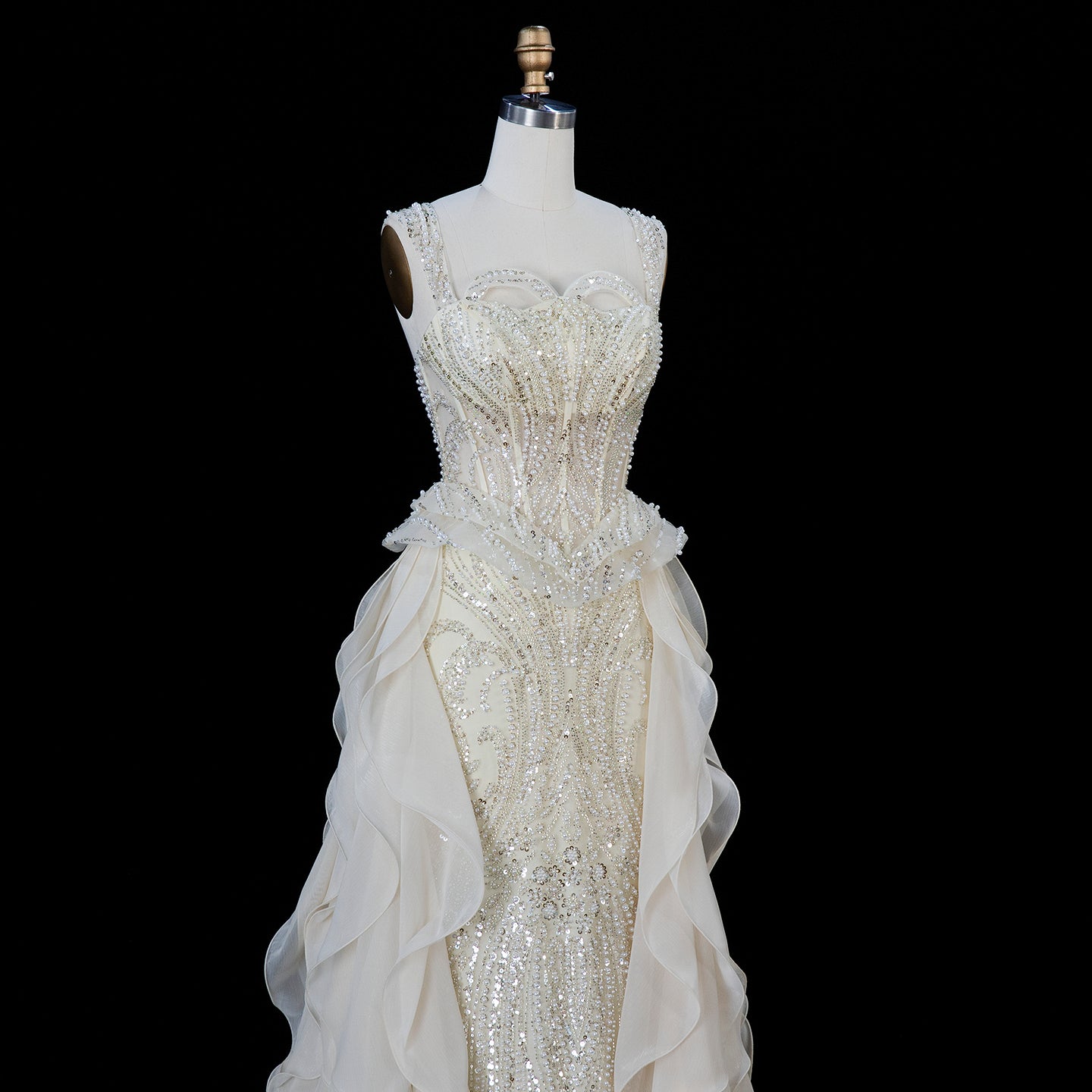 Sparkling Sequin Beaded Evening Dress with Cascading Layered Tiered Ruffle Train SS236 Sheer Fairy