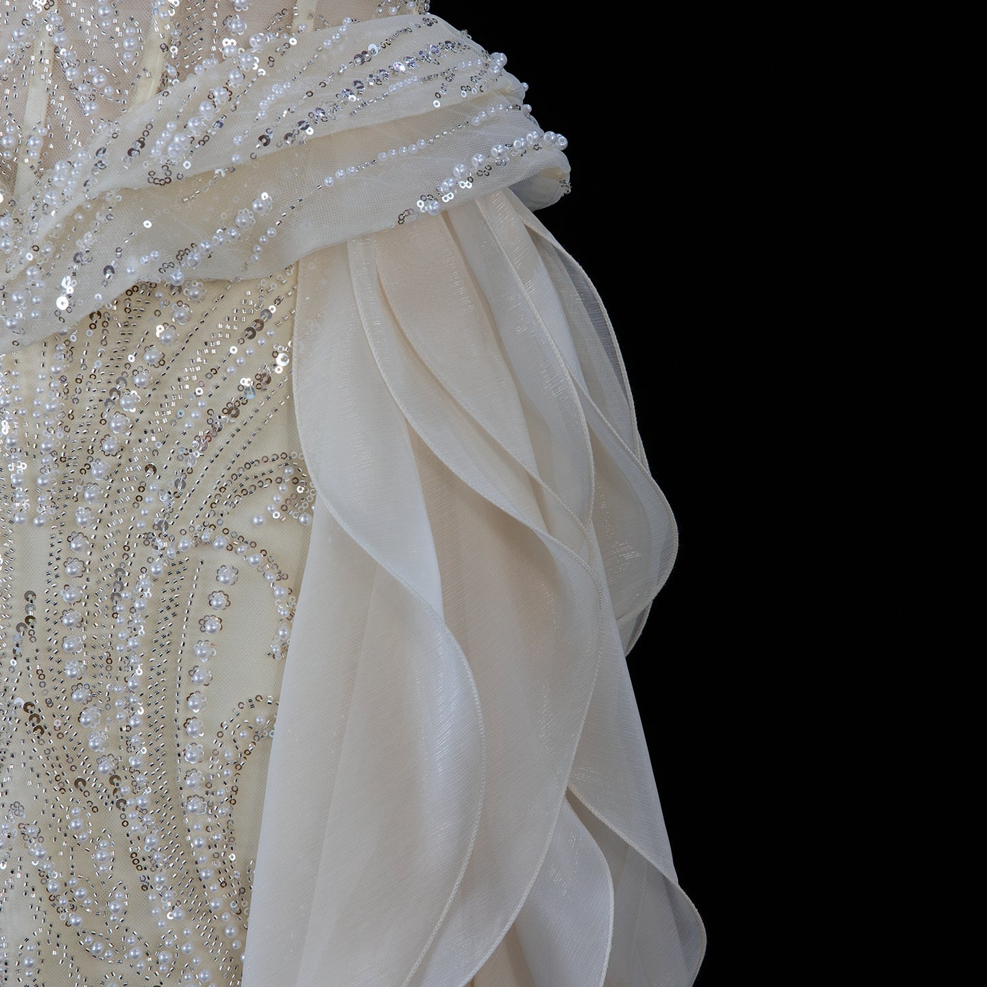 Sparkling Sequin Beaded Evening Dress with Cascading Layered Tiered Ruffle Train SS236 Sheer Fairy