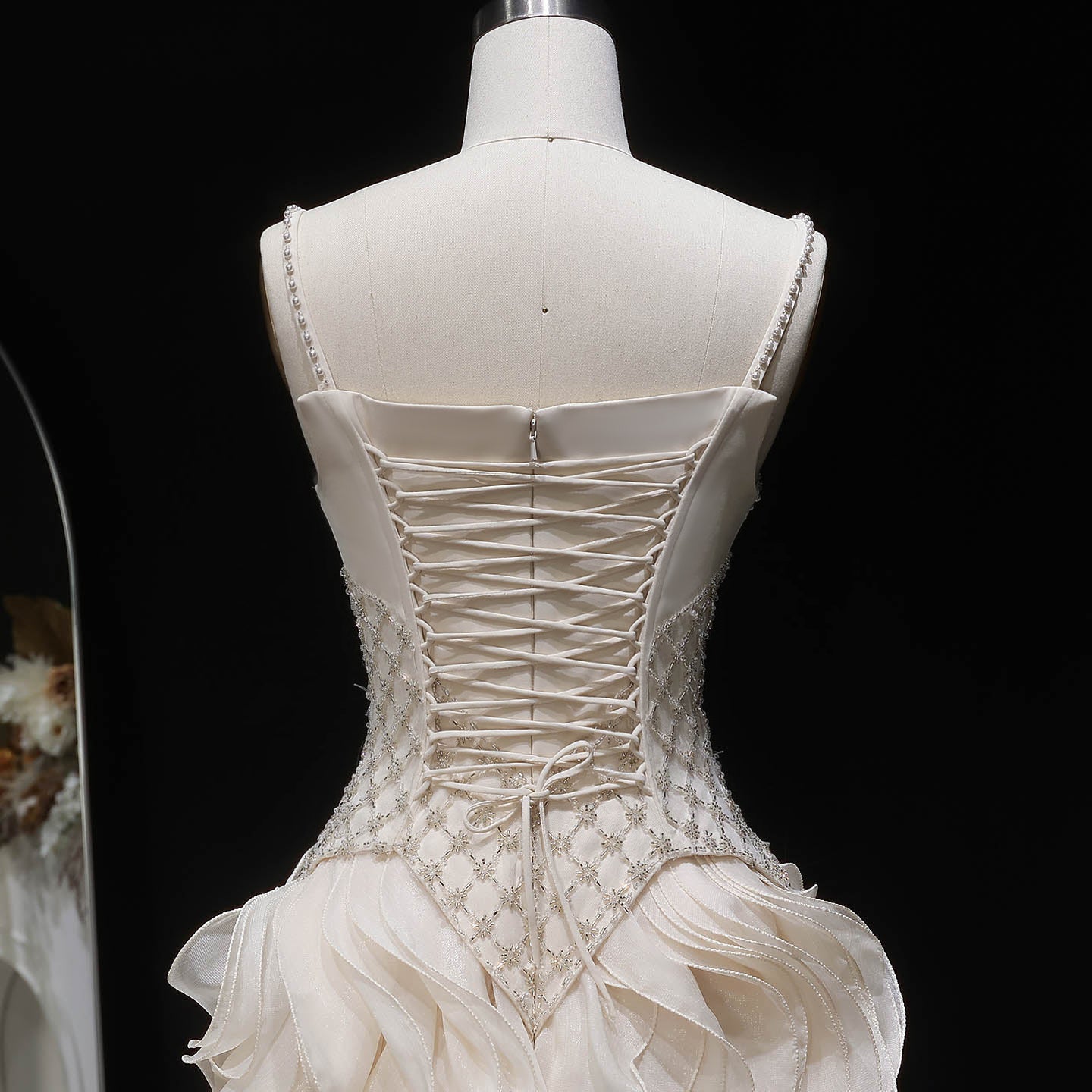 Beige Beaded Corset Evening Dress with Cascading Ruffle Skirt SS257 Sheer Fairy