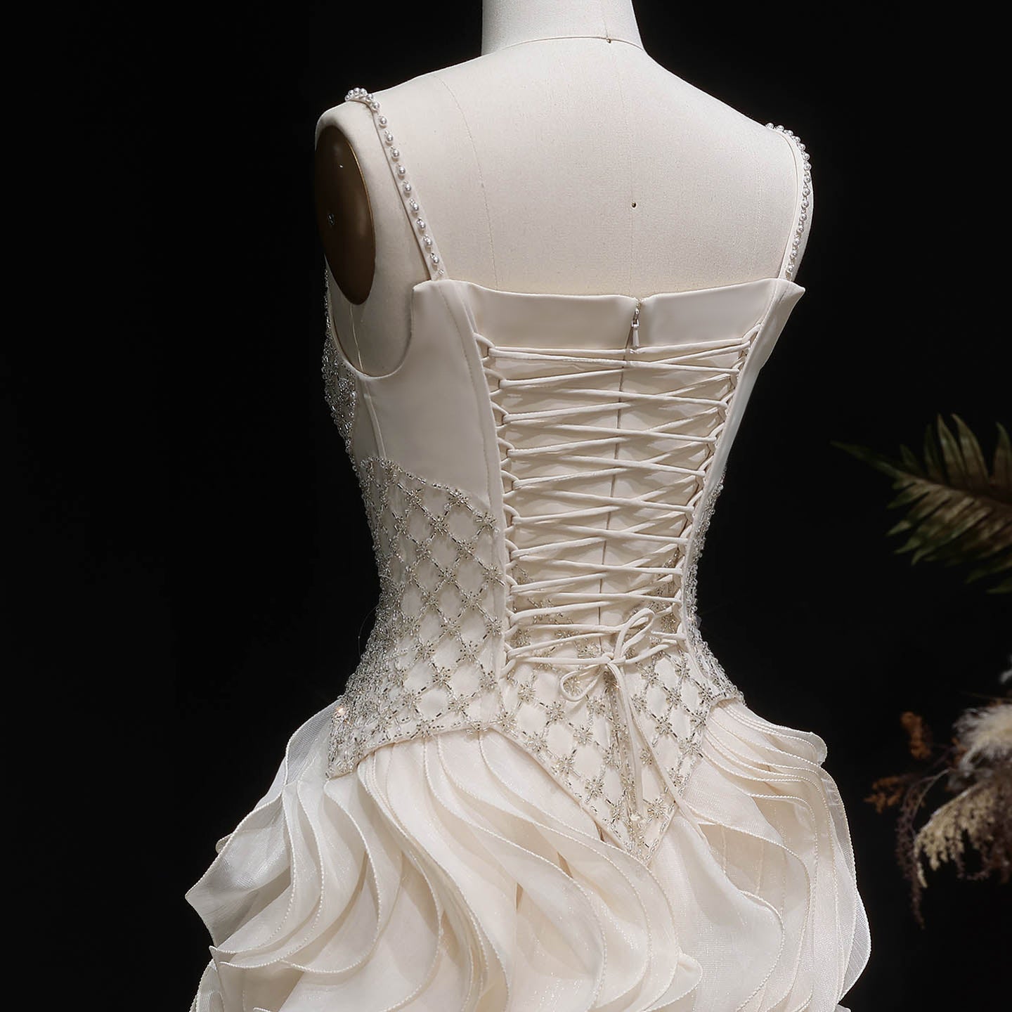 Beige Beaded Corset Evening Dress with Cascading Ruffle Skirt SS257 Sheer Fairy