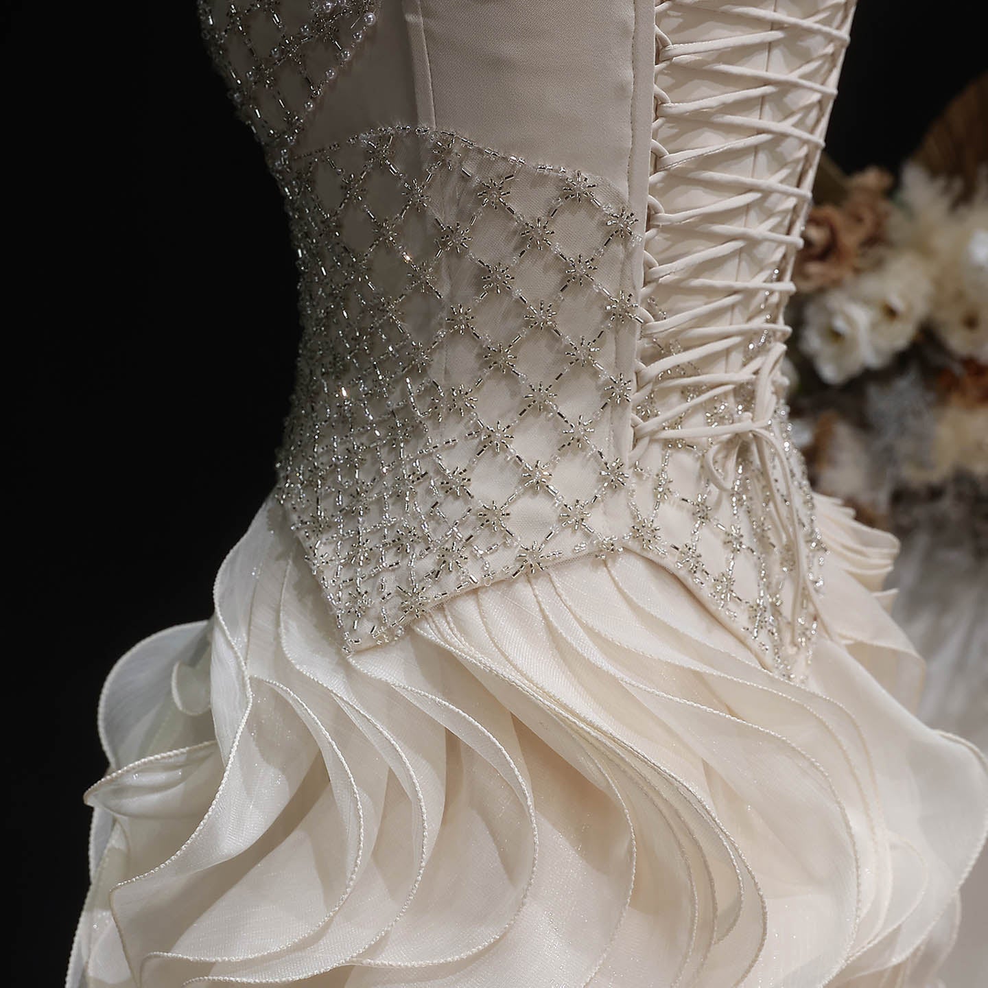 Beige Beaded Corset Evening Dress with Cascading Ruffle Skirt SS257 Sheer Fairy