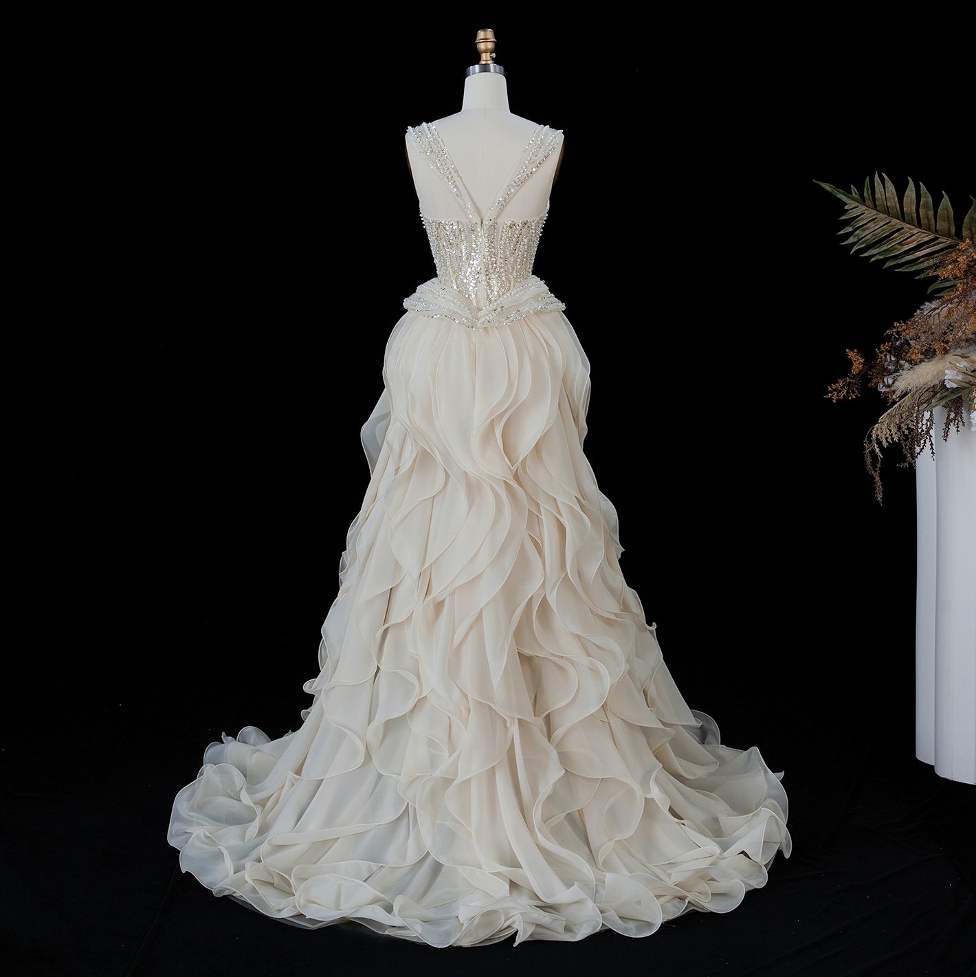 Sparkling Sequin Beaded Evening Dress with Cascading Layered Tiered Ruffle Train SS236 Sheer Fairy