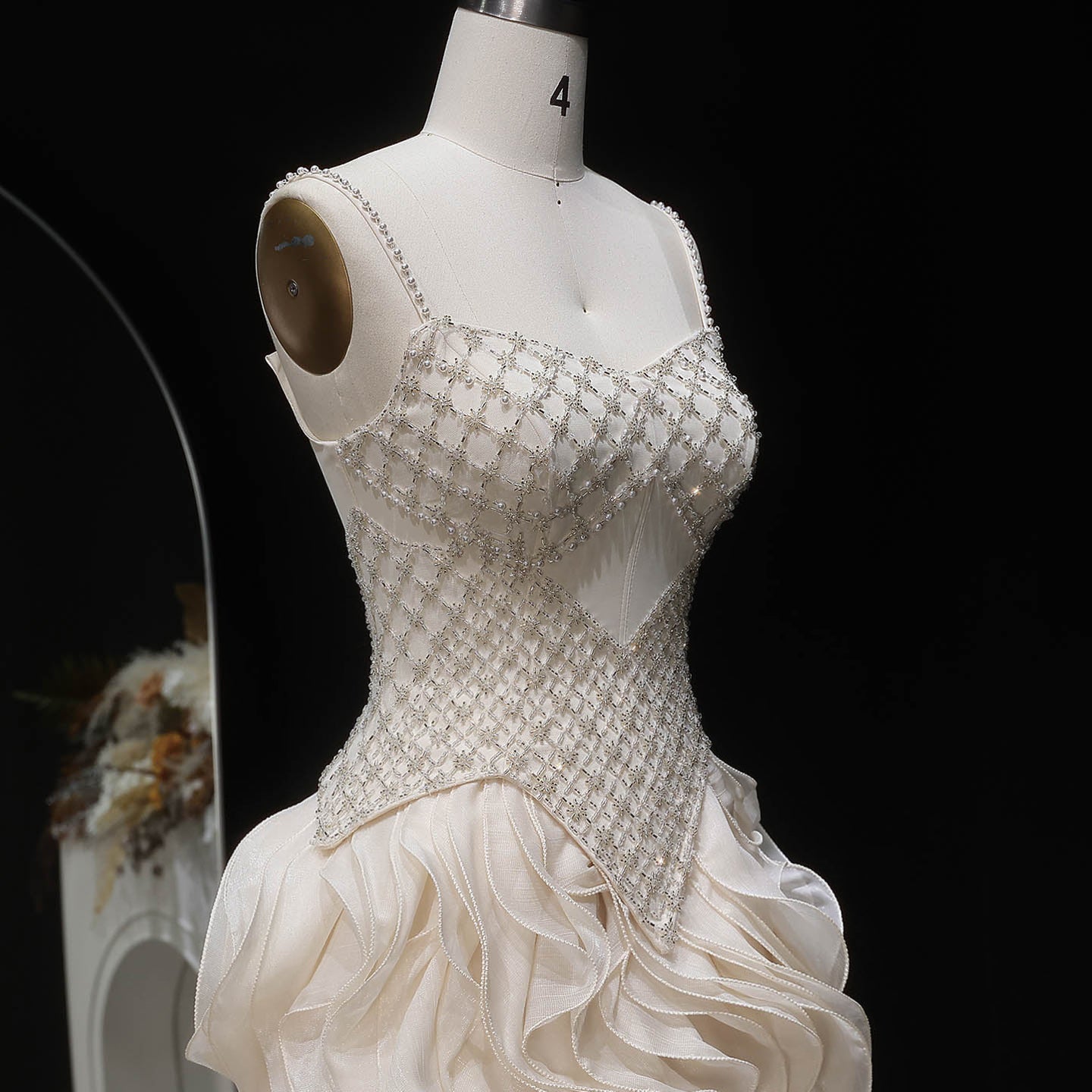 Beige Beaded Corset Evening Dress with Cascading Ruffle Skirt SS257 Sheer Fairy