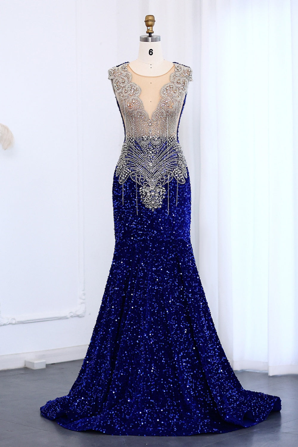 Royal Blue Rhinestone Sequined Mermaid Evening Prom Dress SH009 Sheer Fairy