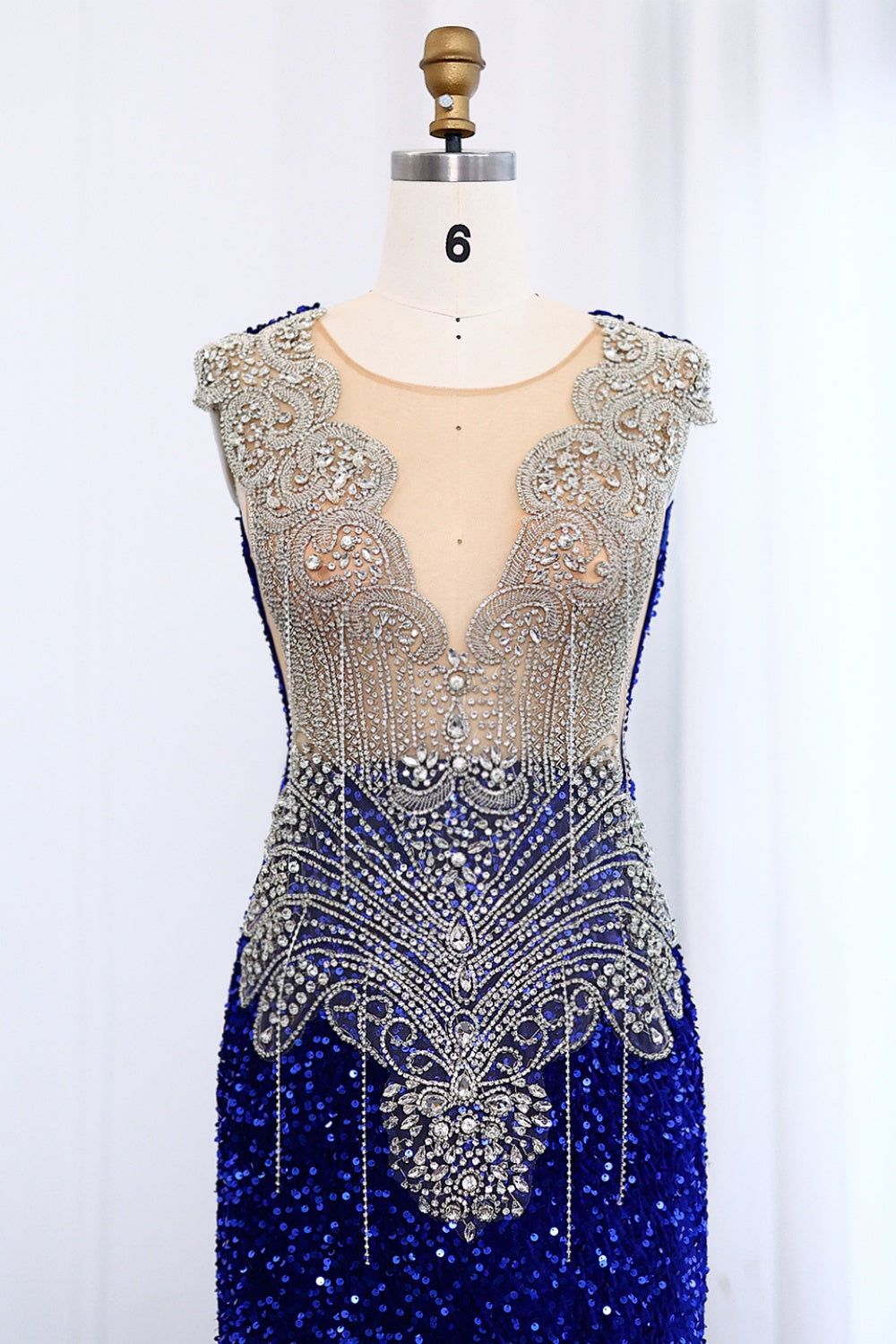 Royal Blue Rhinestone Sequined Mermaid Evening Prom Dress SH009 Sheer Fairy