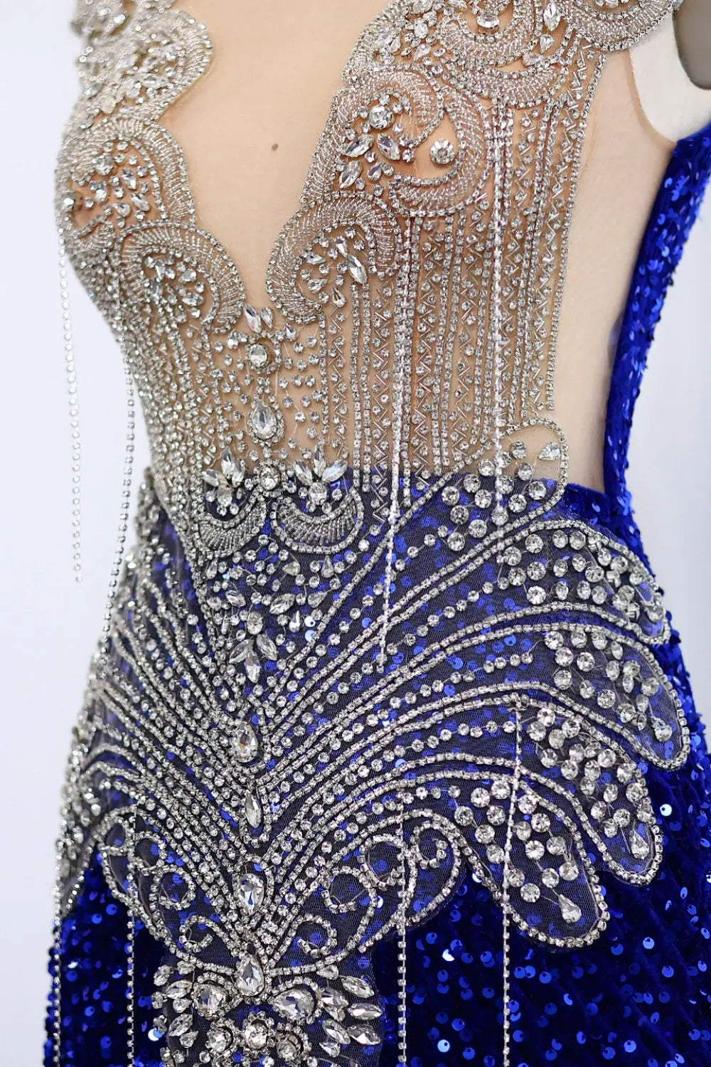 Royal Blue Rhinestone Sequined Mermaid Evening Prom Dress SH009 Sheer Fairy