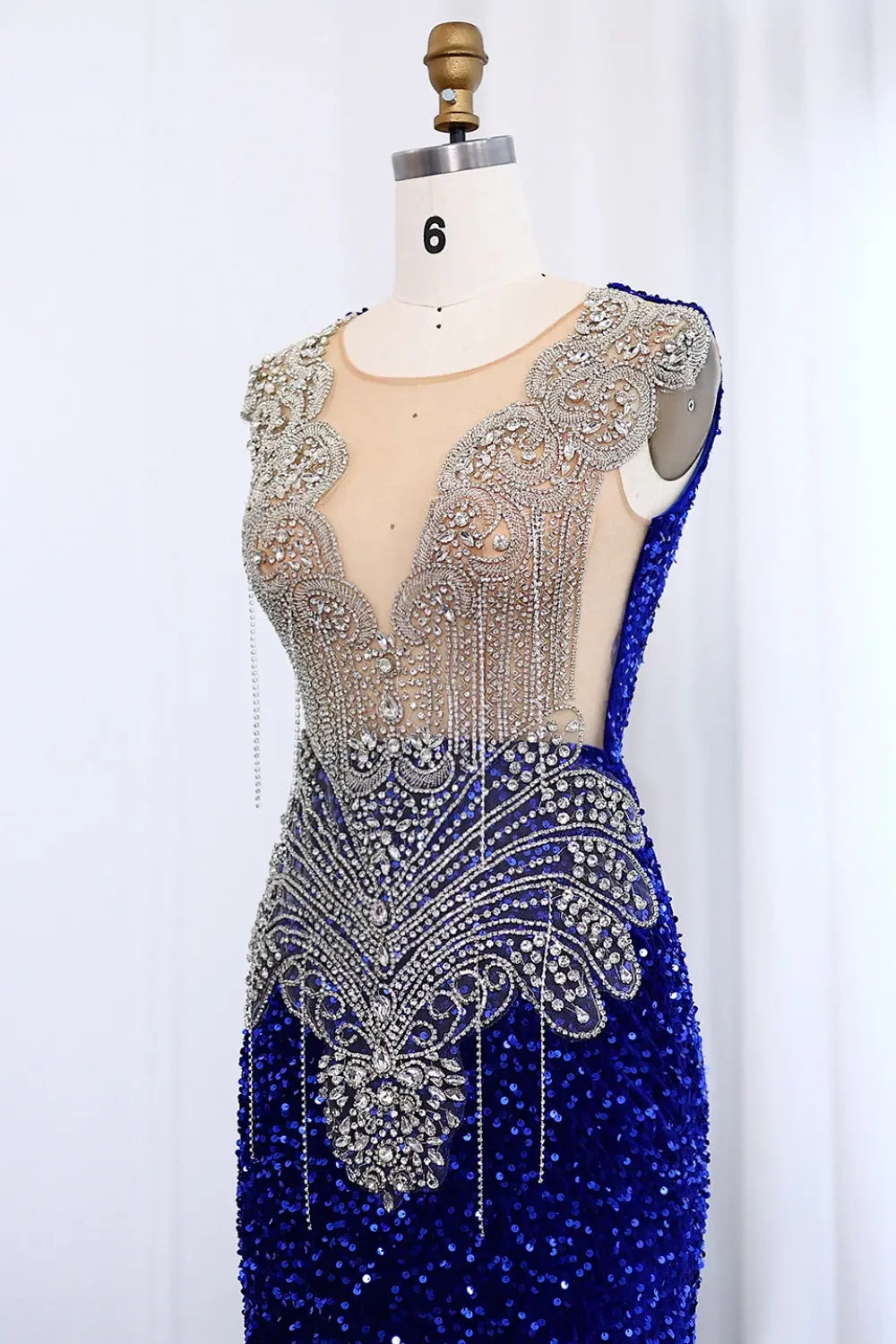 Royal Blue Rhinestone Sequined Mermaid Evening Prom Dress SH009 Sheer Fairy
