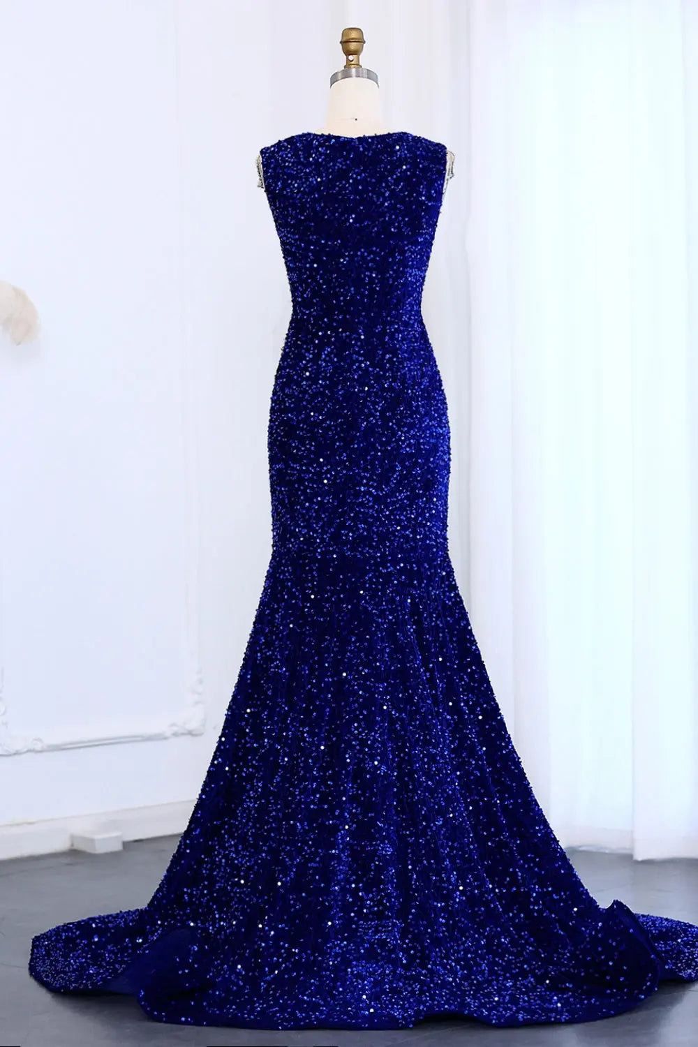Royal Blue Rhinestone Sequined Mermaid Evening Prom Dress SH009 Sheer Fairy