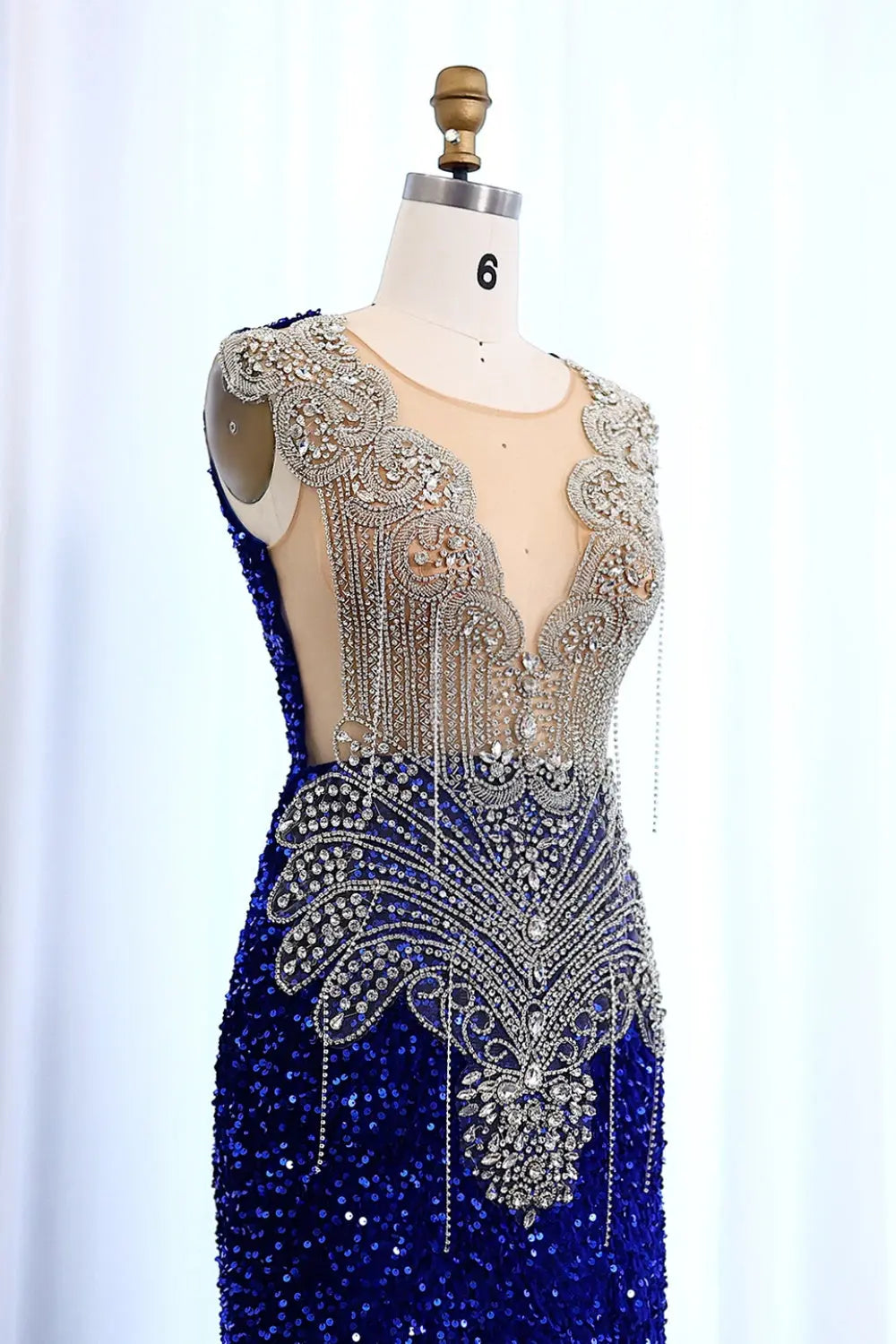 Royal Blue Rhinestone Sequined Mermaid Evening Prom Dress SH009 Sheer Fairy