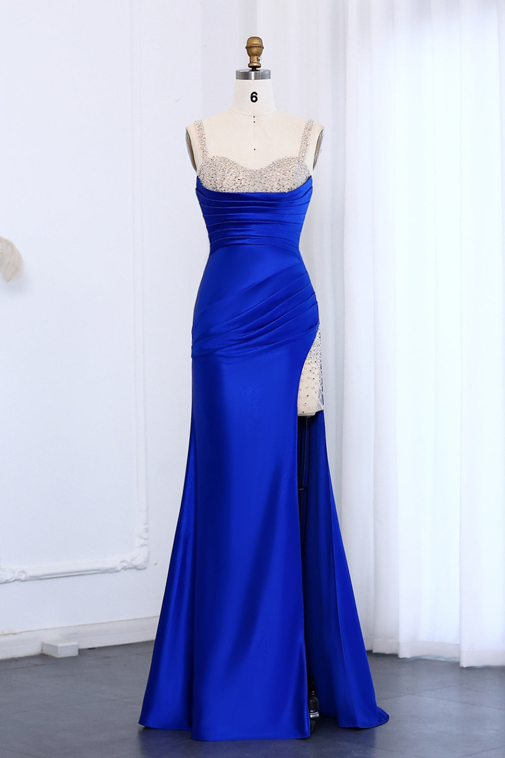 Royal Satin Rhinestone Strap High Slit Evening Prom Dress SH010 Sheer Fairy