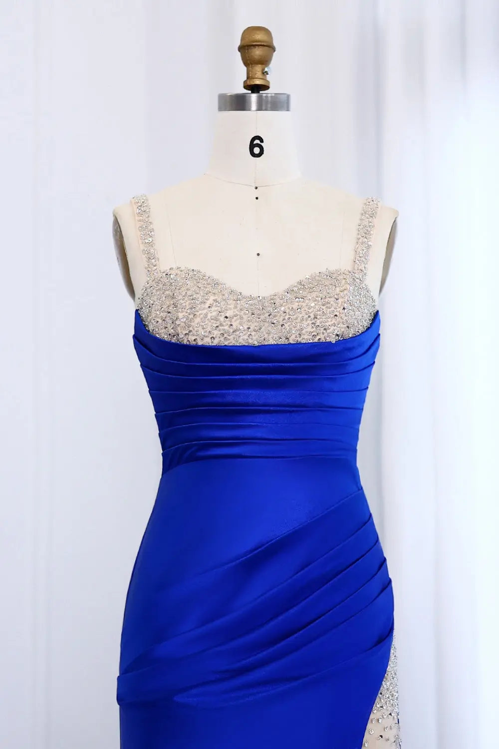Royal Satin Rhinestone Strap High Slit Evening Prom Dress SH010 Sheer Fairy