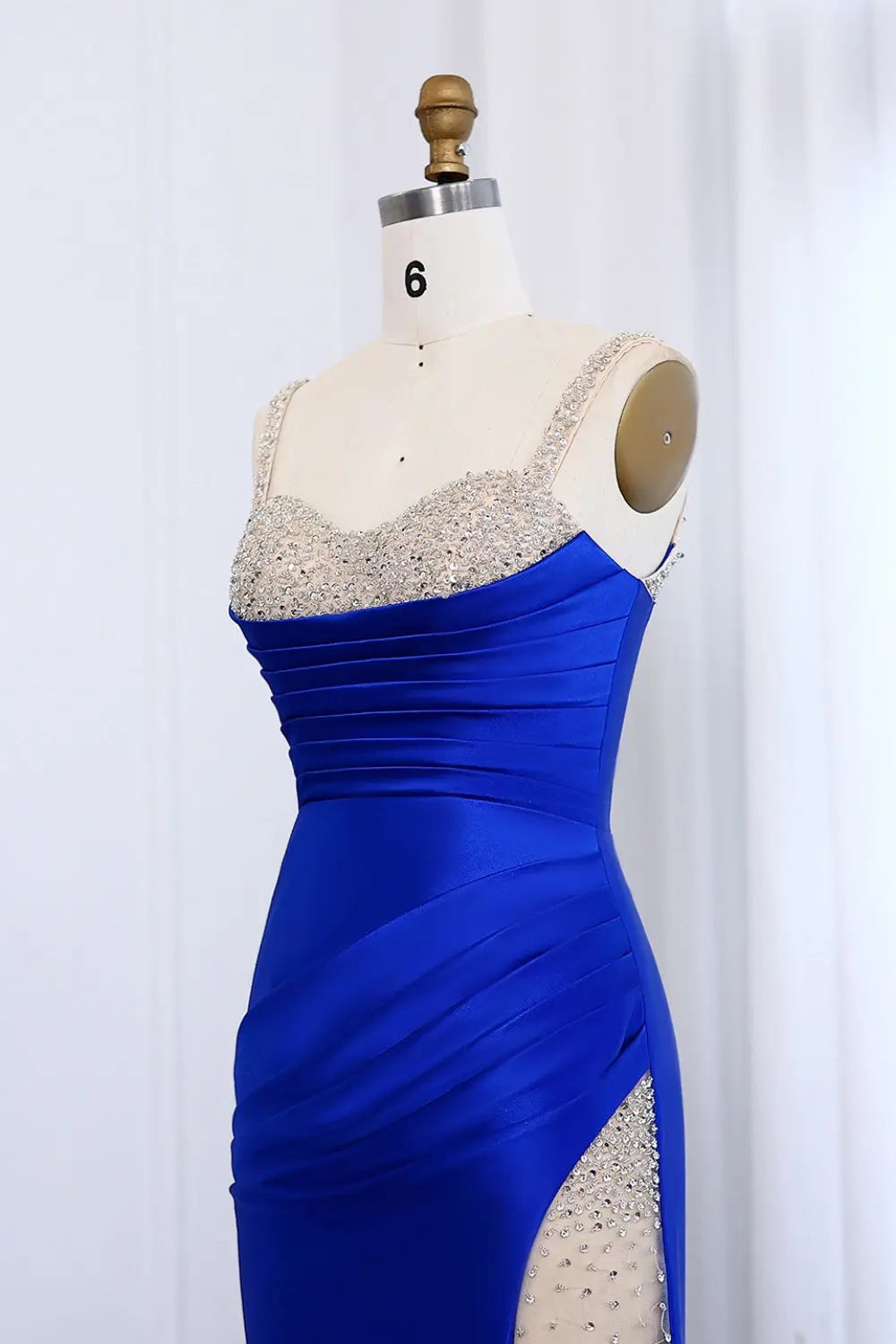 Royal Satin Rhinestone Strap High Slit Evening Prom Dress SH010 Sheer Fairy