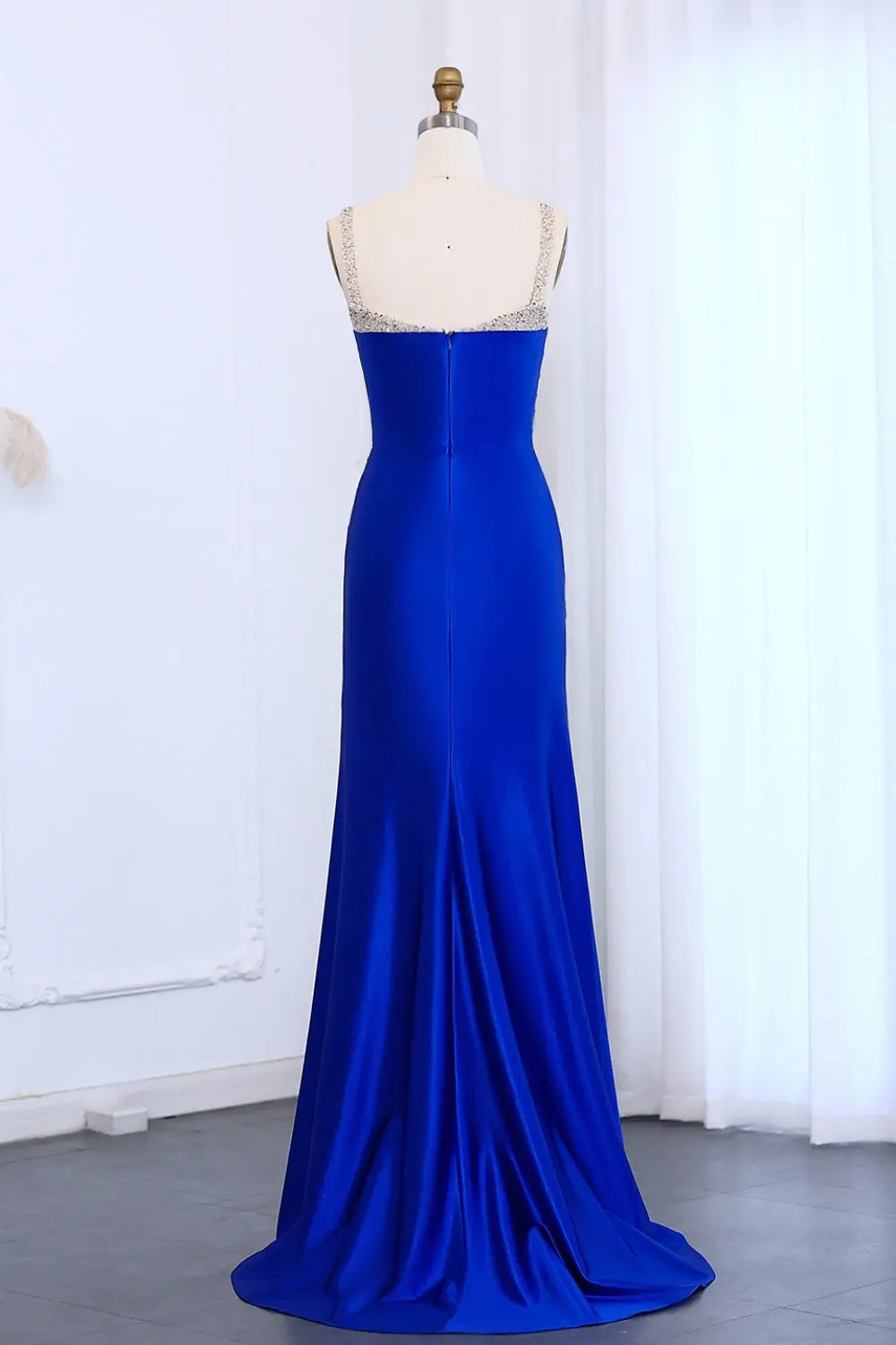 Royal Satin Rhinestone Strap High Slit Evening Prom Dress SH010 Sheer Fairy