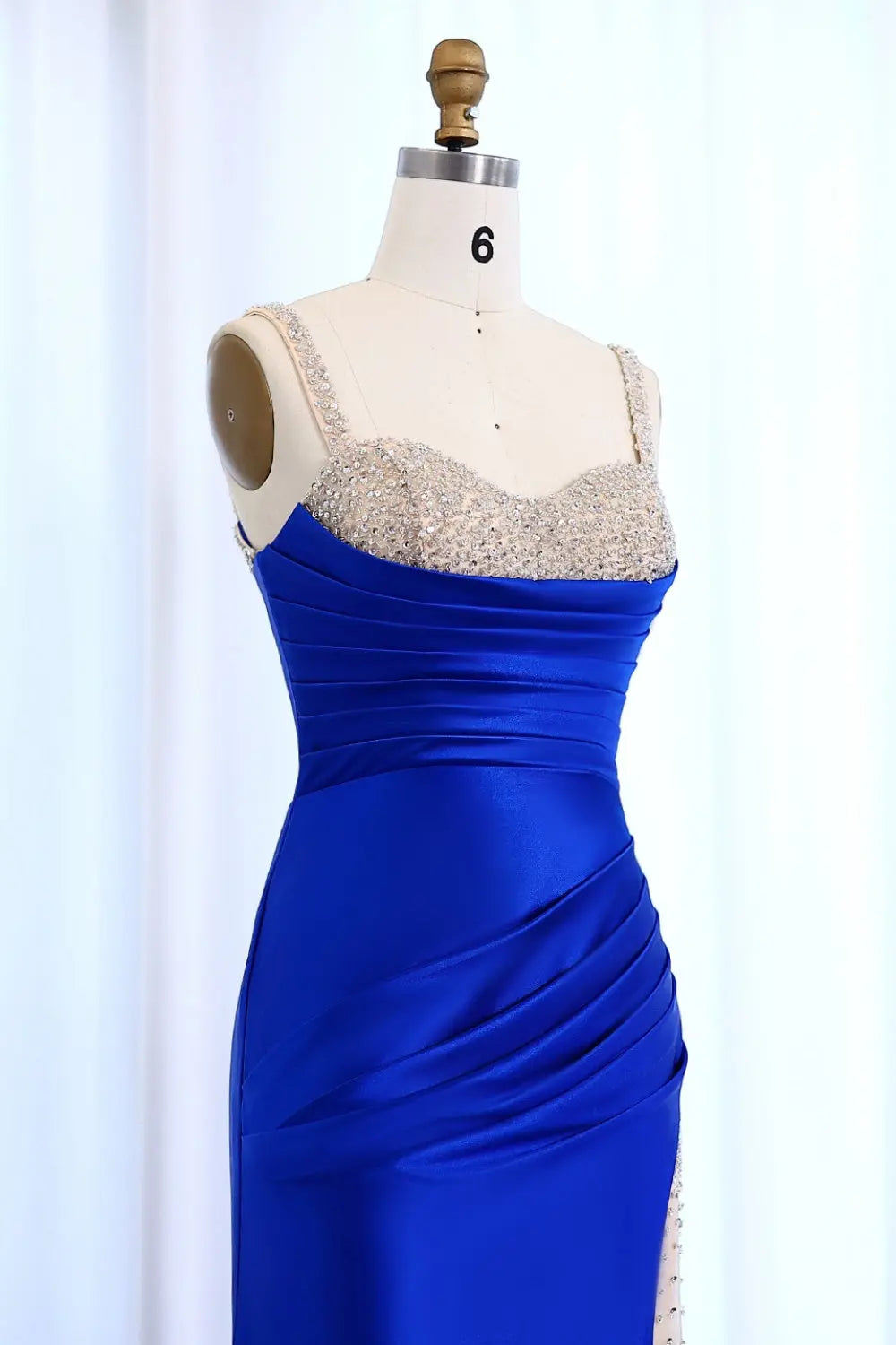 Royal Satin Rhinestone Strap High Slit Evening Prom Dress SH010 Sheer Fairy