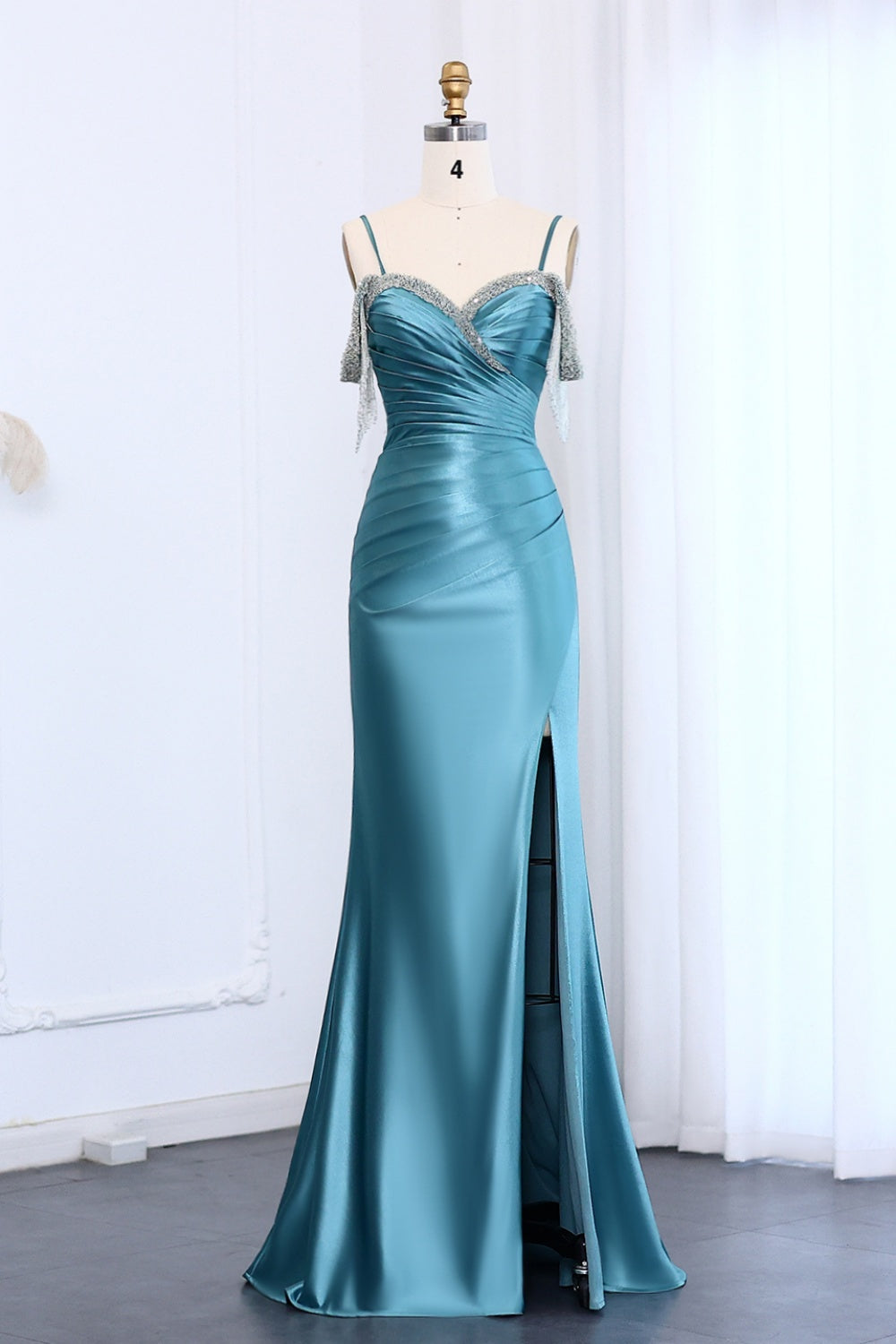 Teal Satin Rhinestone Fringe Strap Mermaid Prom Dress SH011 Sheer Fairy