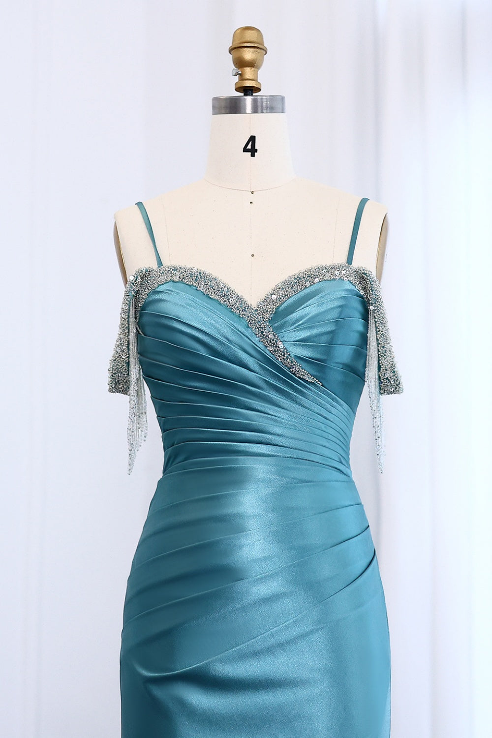 Teal Satin Rhinestone Fringe Strap Mermaid Prom Dress SH011 Sheer Fairy